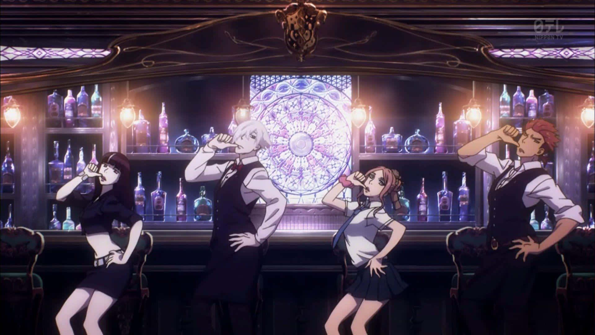 Death Parade 桌布 壁紙 — 四個動漫角色在燈光昏暗、裝飾華麗且帶有發光彩繪玻璃的酒吧中飲酒。