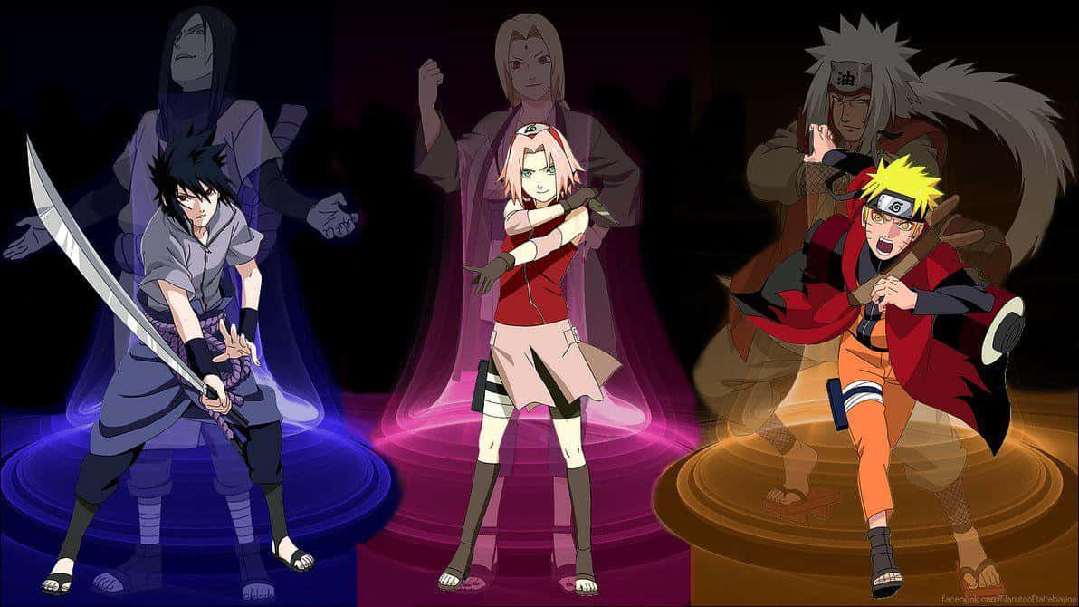 Legendary Sannin 桌布 壁紙 — 四個動漫角色在發光平台上以動態姿勢站立，背景為深色，帶有鮮豔的彩色能量效果。