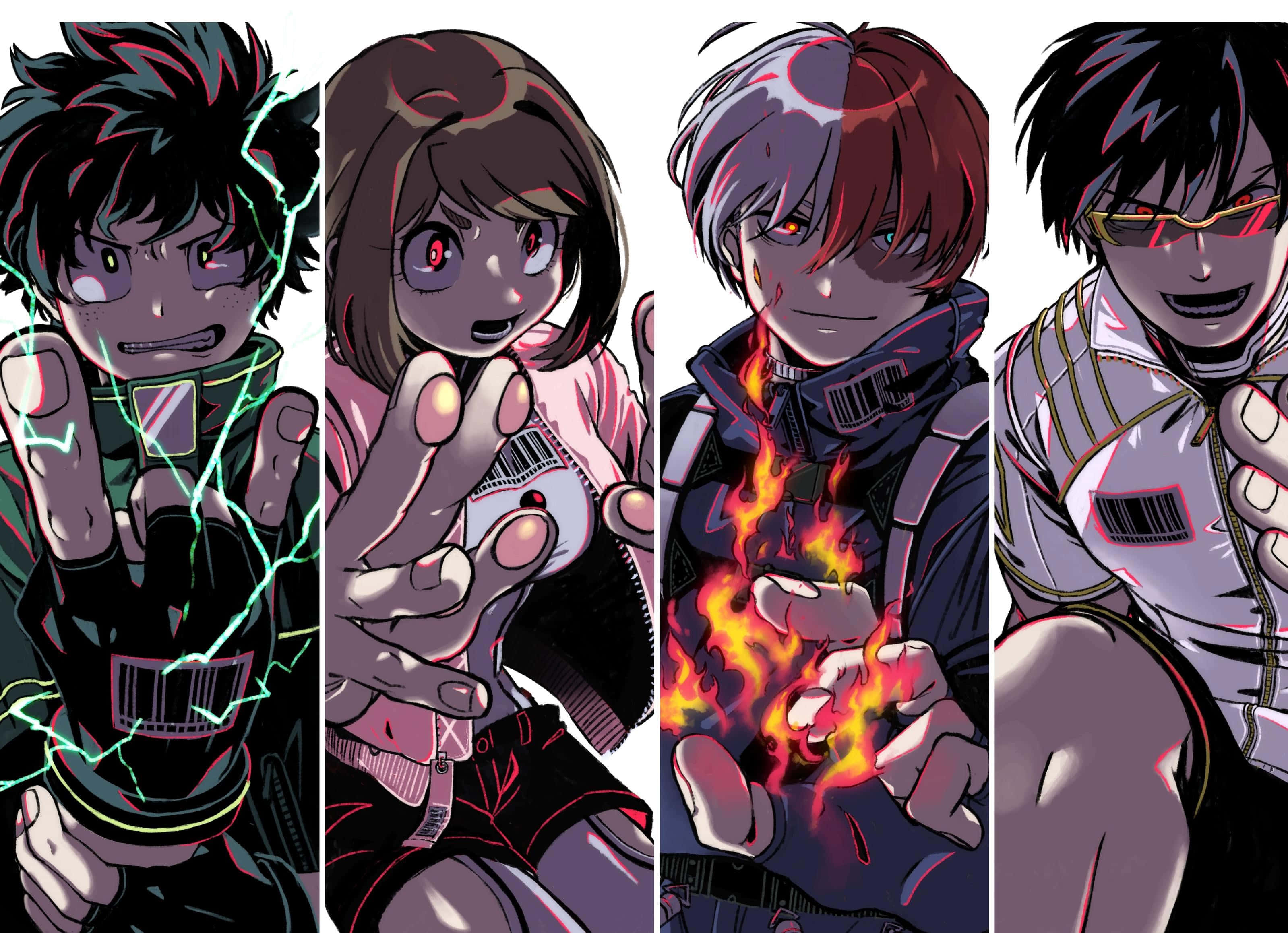 Deku And Todoroki 桌布 壁紙 — 四個動漫角色在純白背景前展示帶有閃電、火焰和發光眼睛的超自然力量。