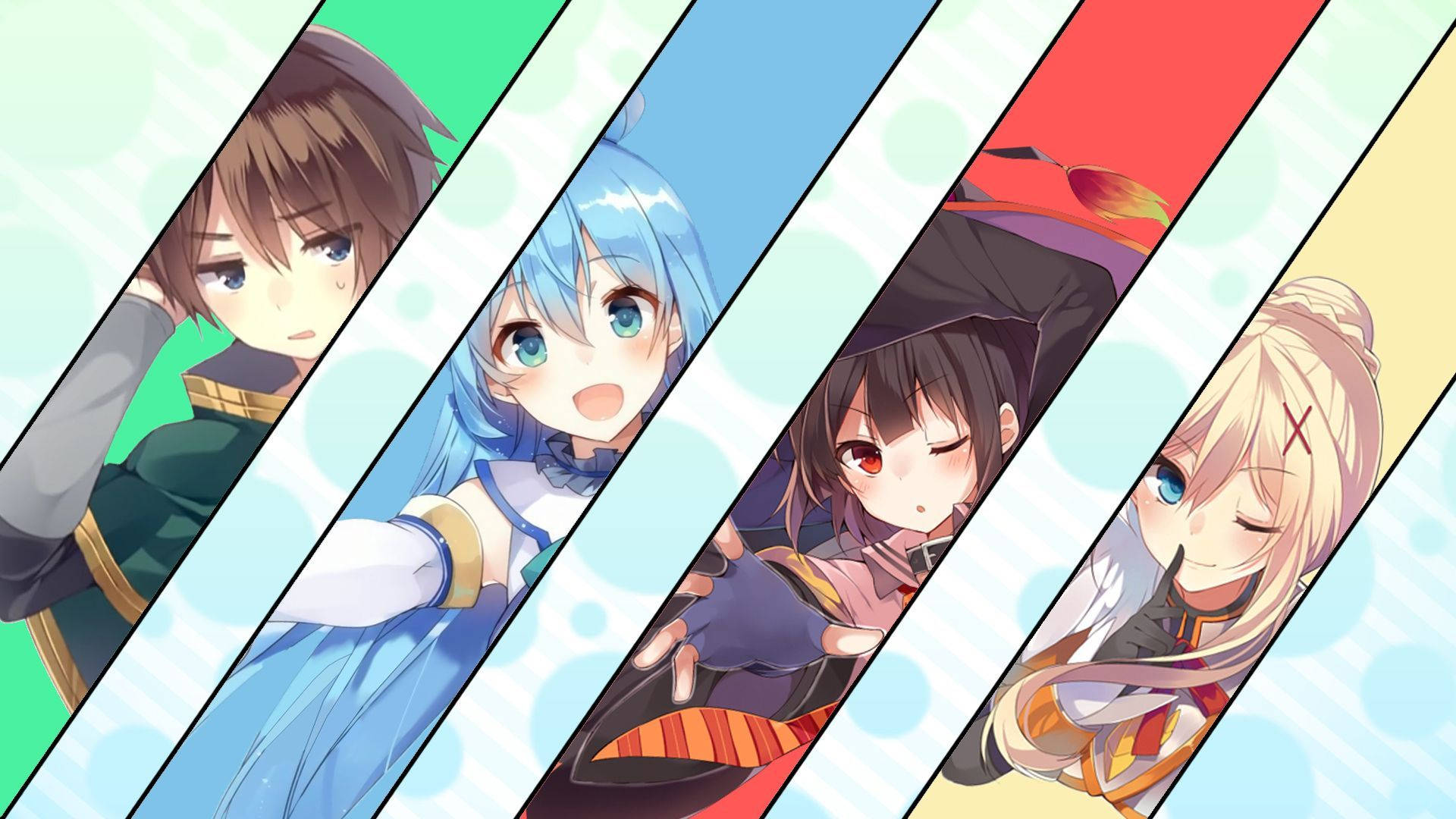 Konosuba 桌布 壁紙 — 四個動漫角色在色彩繽紛的對角線面板中，帶有柔和泡泡背景。