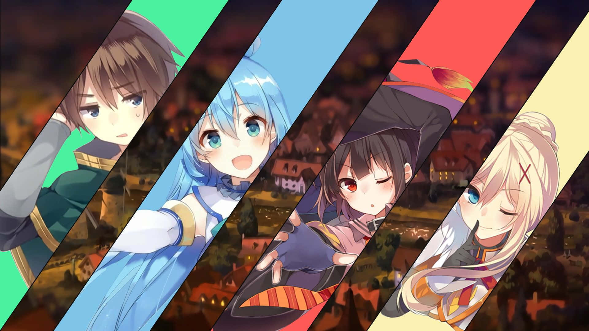 Konosuba God's Blessing On This Wonderful World 桌布 壁紙 — 四個動漫角色在色彩繽紛的對角線面板中向前凝視，背景是暖色調的村莊。