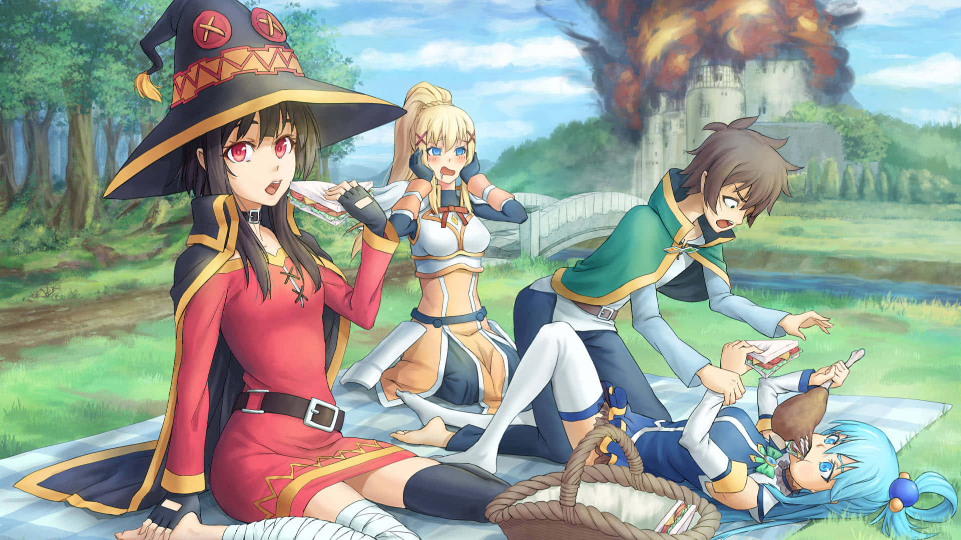 Konosuba God's Blessing On This Wonderful World 桌布 壁紙 — 四個動漫角色在草地上野餐，遠處一座城堡在陰天下燃燒。