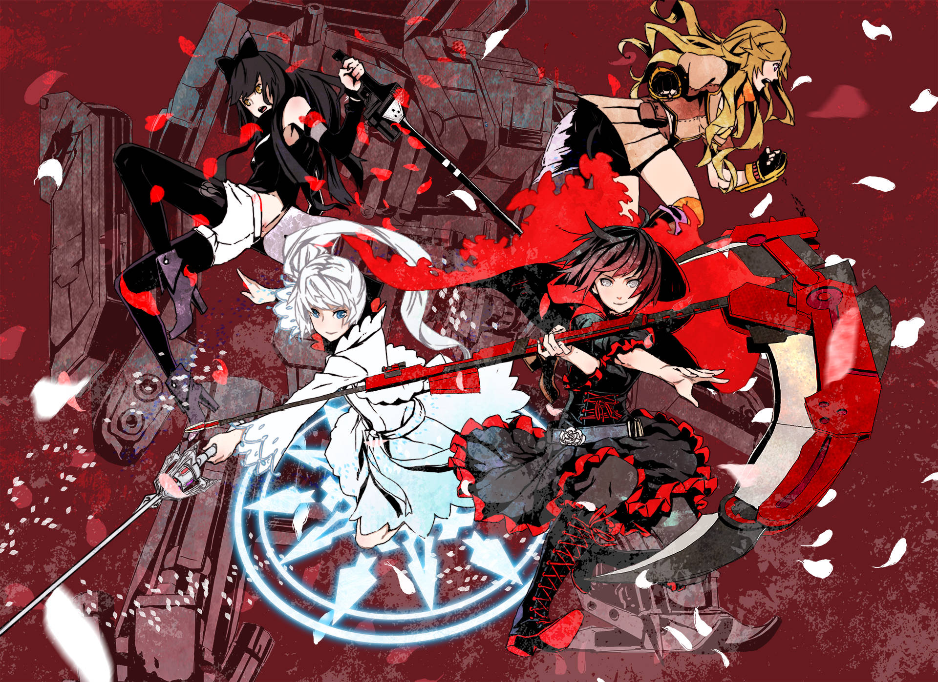 Rwby 桌布 壁紙 — 四個動漫角色在血紅色背景下，於紅色花瓣和機械碎片中擺出動態戰鬥姿勢。