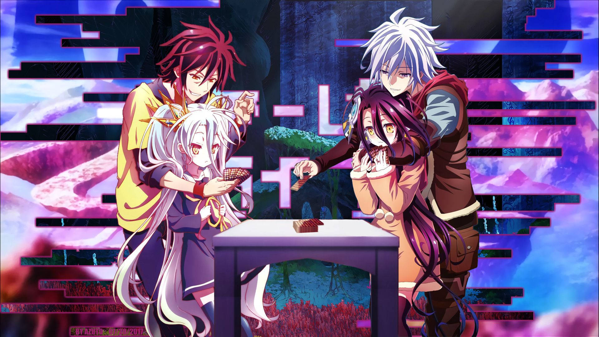 game 桌布 壁紙 — 四個動漫角色在閃爍霓虹天空下激烈地玩棋盤遊戲，背景有浮動的山脈。