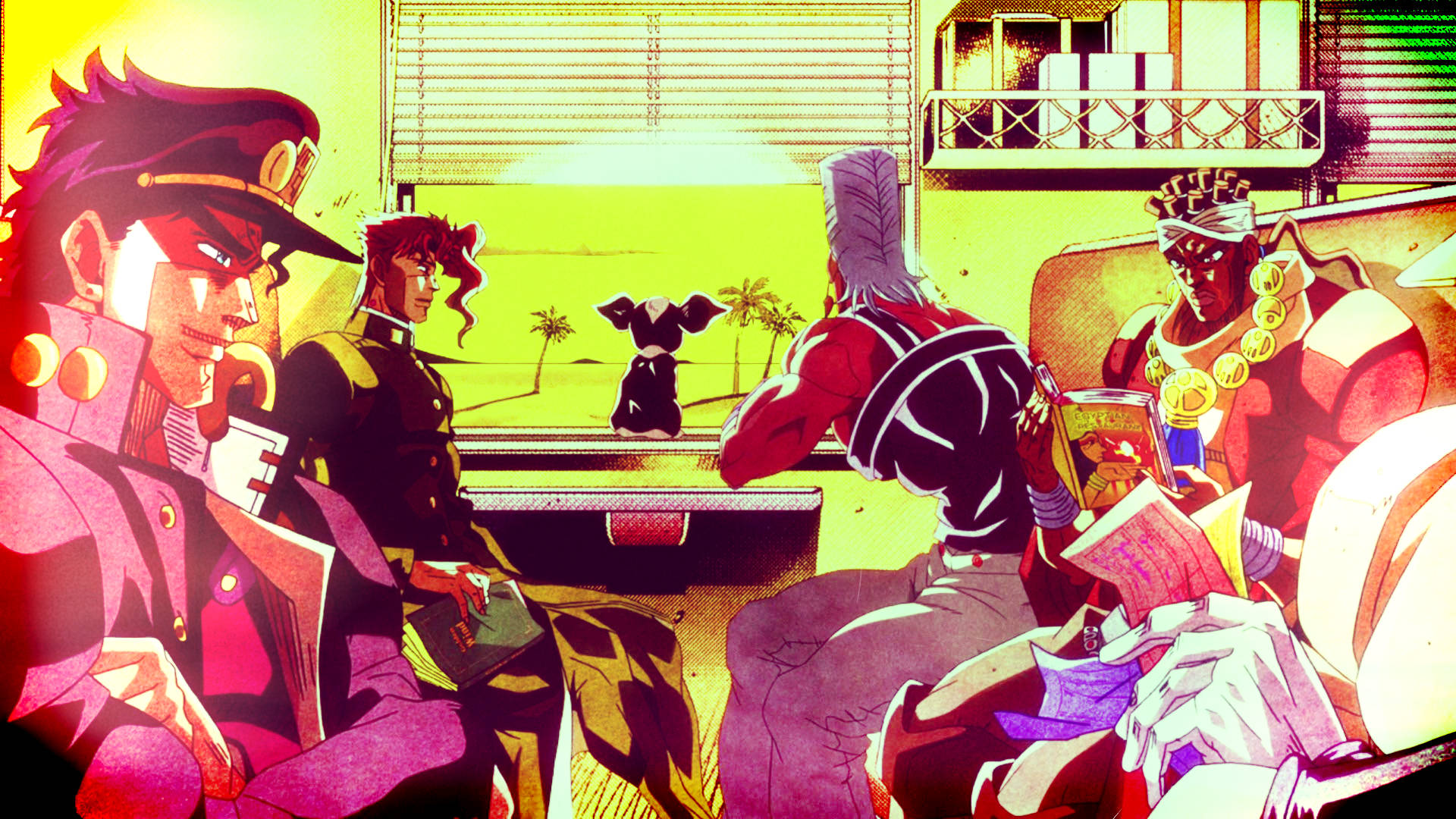 Jojo 桌布 壁紙 — 四個動漫角色在陽光充足的房間裡，陽台上有隻狗，俯瞰棕櫚樹。