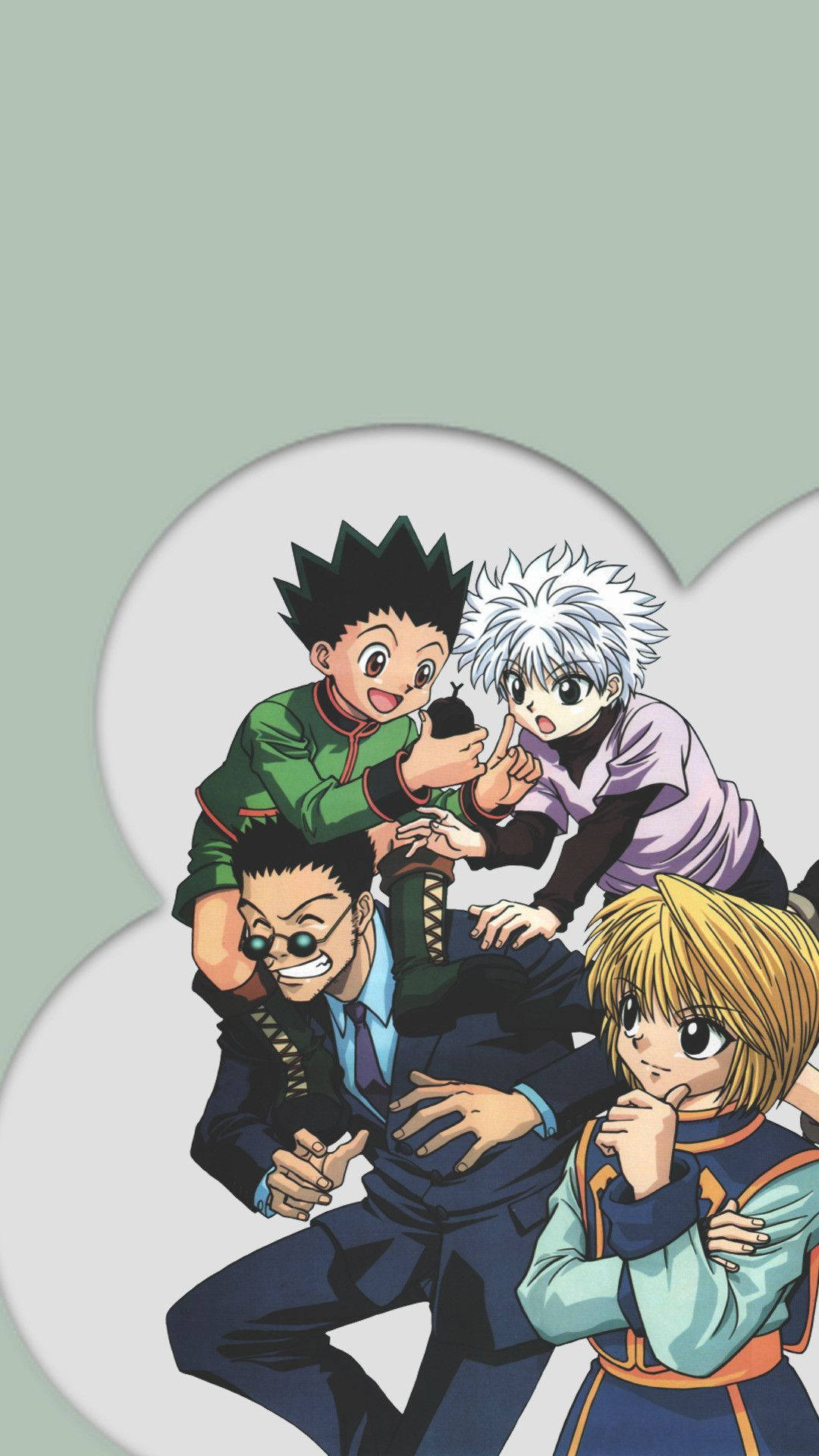 Hunter X Hunter iPhone 桌布 壁紙 — 四個動漫角色在雲朵形狀的框架內擺出動態姿勢，背景為柔和的綠色。