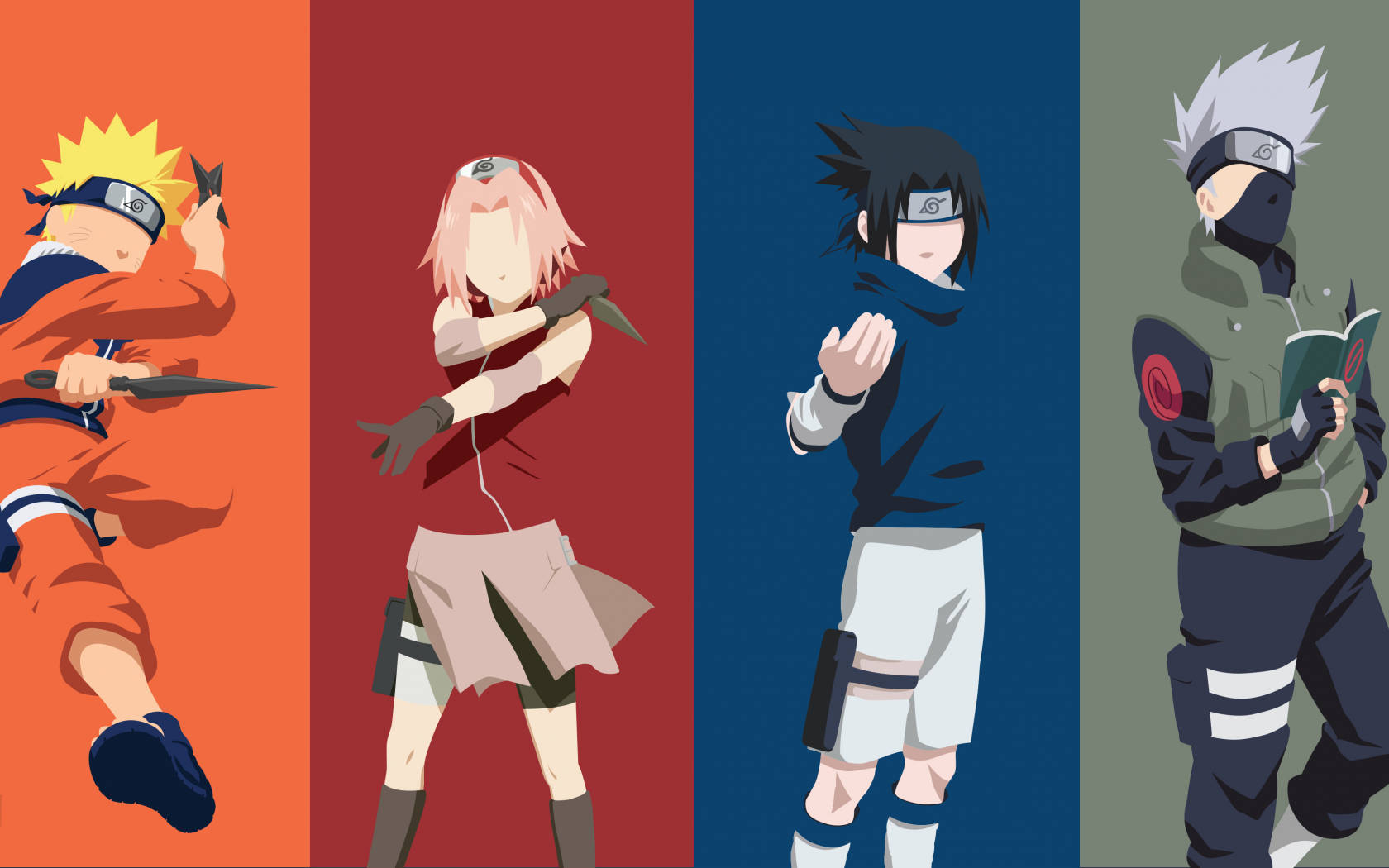 Naruto And Sasuke 桌布 壁紙 — 四個動漫角色在鮮豔的垂直面板前動態擺姿勢。