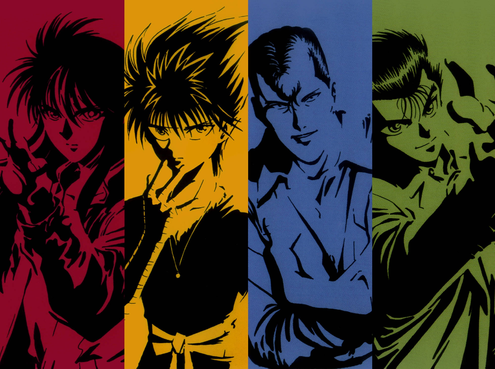 yuyu hakusho 桌布 壁紙 — 四個動漫角色在鮮豔的色塊中，各自擺出戲劇性的姿勢，表情強烈。
