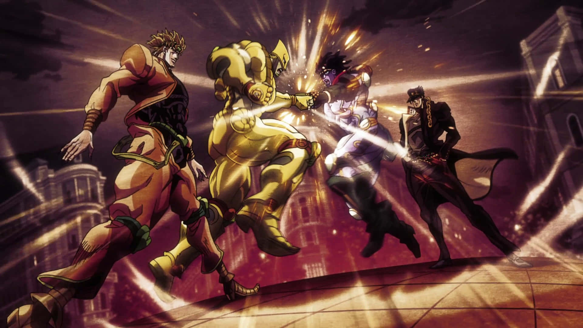 Jotaro 桌布 壁紙 — 四個動漫角色在黑暗城市背景下，以發光的能量光束進行激烈戰鬥。