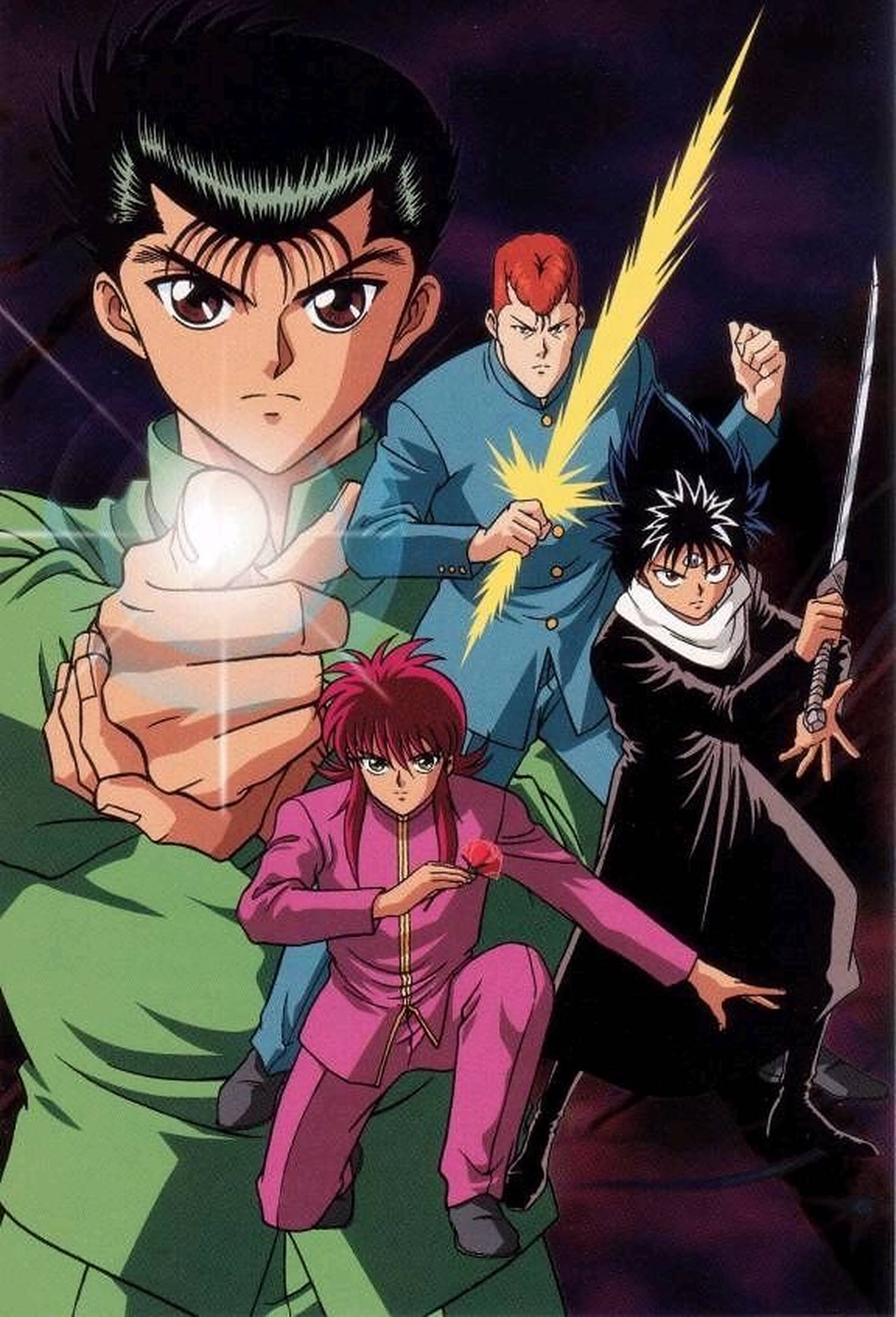yuyu hakusho 桌布 壁紙 — 四個動漫角色在黑暗背景下以動態戰鬥姿勢呈現，帶有發光能量效果。