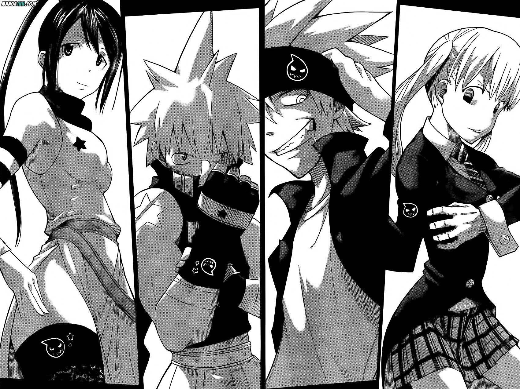Soul Eater Characters 桌布 壁紙 — 四個動漫角色在黑白漫畫格中以不同的表情和服裝擺姿勢。