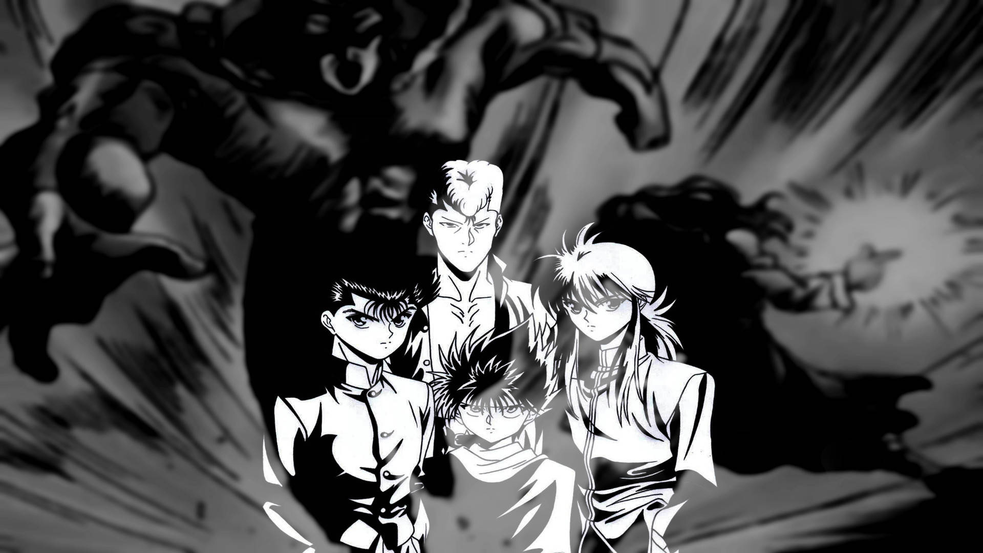yuyu hakusho 桌布 壁紙 — 四個動漫角色在黑白高對比動作場景中，挑釁地對抗一個逼近的怪物陰影。