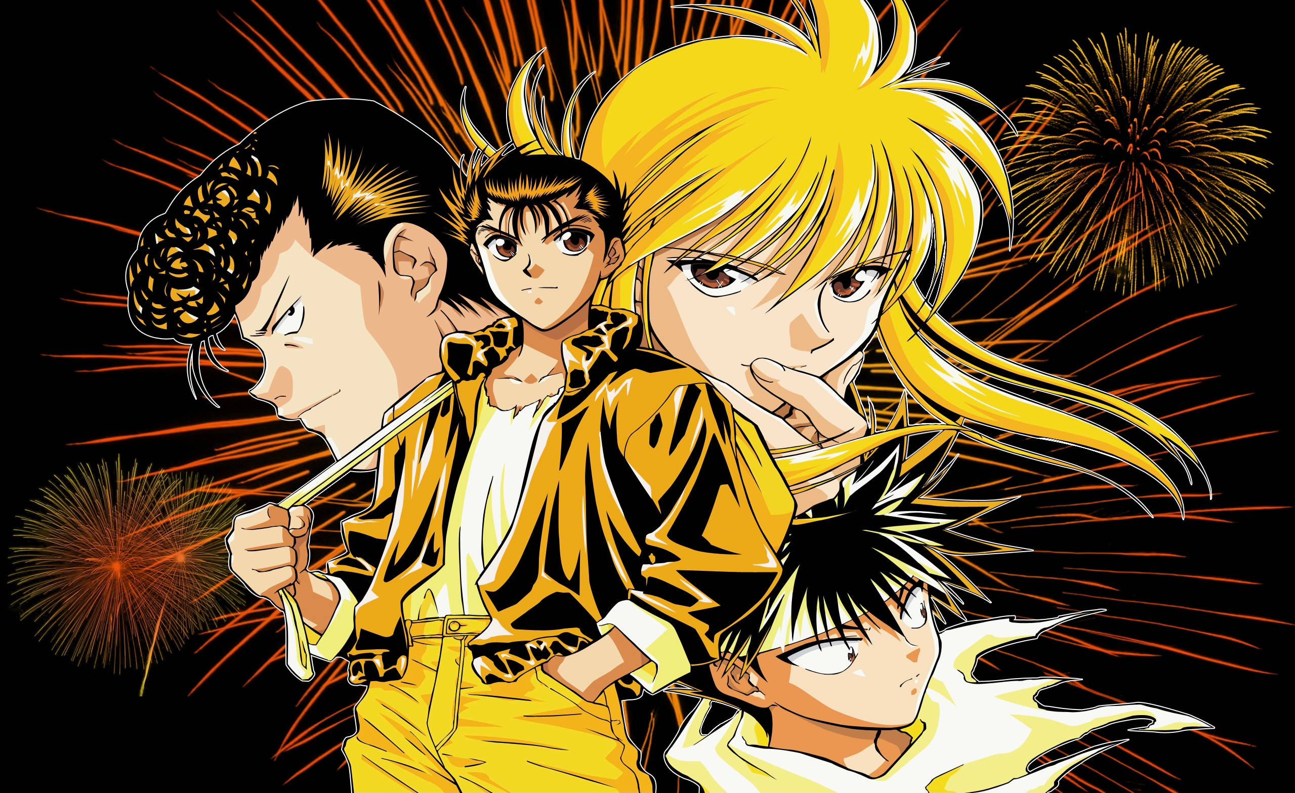 yuyu hakusho 桌布 壁紙 — 四個動漫角色在黑色背景上以動態姿勢呈現，伴隨著火熱的橙色煙火。