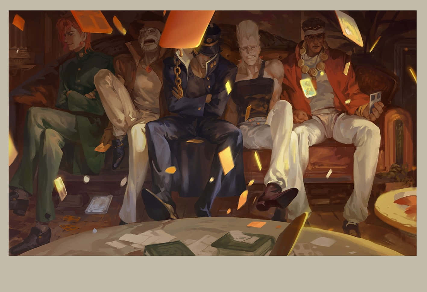 Jotaro Kujo 桌布 壁紙 — 四個動漫角色坐在昏暗房間的沙發上，發光的橙色卡片在他們周圍漂浮。