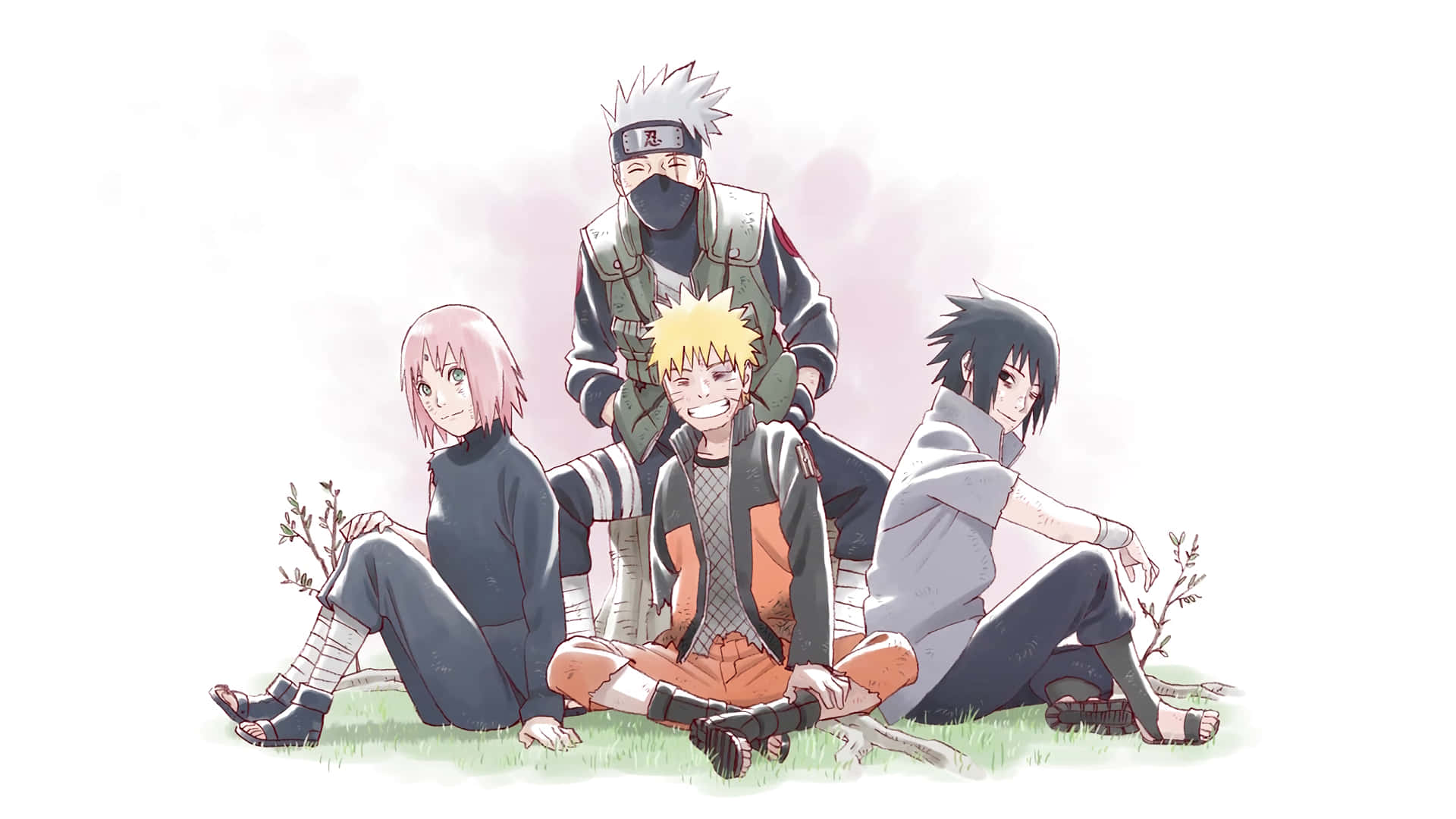Sasuke Sakura 桌布 壁紙 — 四個動漫角色坐在草地上，背景是柔和粉紅色的天空，帶有溫柔的水彩筆觸。