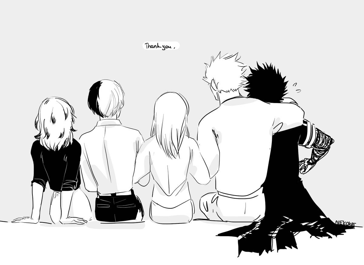 todoroki family 桌布 壁紙 — 四個動漫角色從後面坐在一起，其中一個向群體低聲說謝謝，簡單的黑白線條畫。