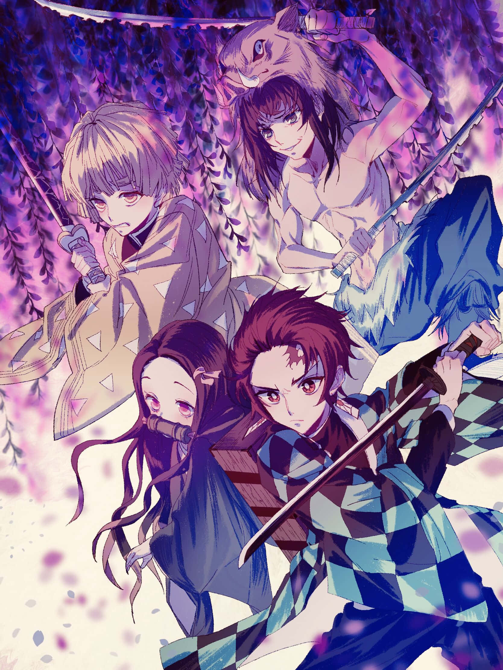 Kimetsu No Yaiba 桌布 壁紙 — 四個動漫角色手持劍，站在紫色紫藤藤蔓之間，背景是夢幻的黃昏天空。