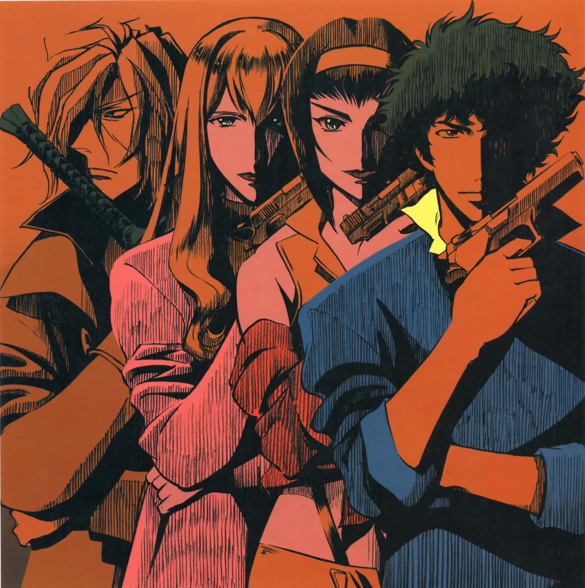 Cowboy Bebop Vicious 桌布 壁紙 — 四個動漫角色手持槍械，站在大膽的橙色和黑色插圖中，散發出強烈的決心。