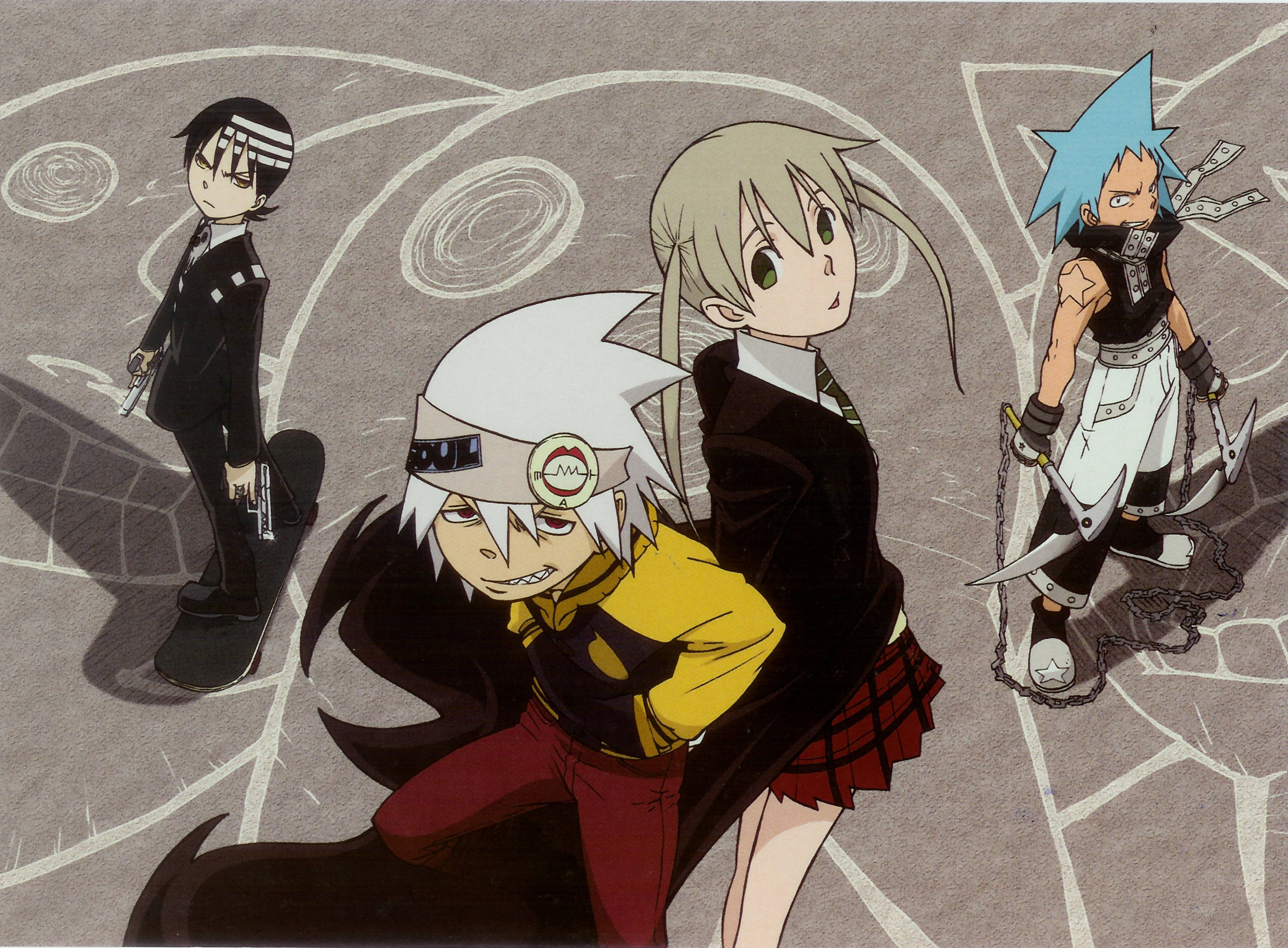 Soul Eater Characters 桌布 壁紙 — 四個動漫角色手持武器，站在一個有粉筆狀漩渦的裂縫混凝土場景中。