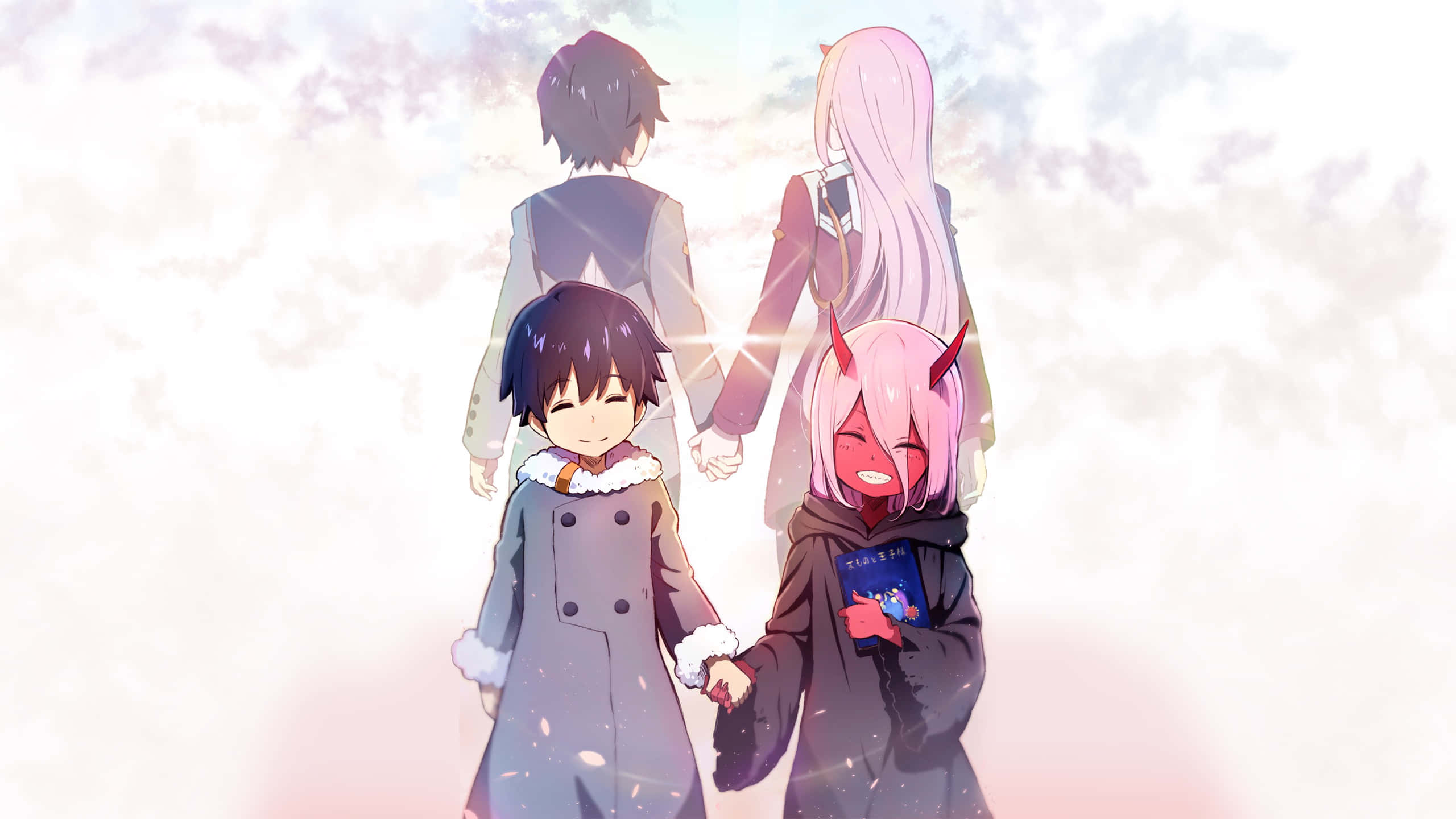 DARLING in the FRANXX 桌布 壁紙 — 四個動漫角色手牽手走過柔和的粉紅色和白色雪景，天空閃耀著光芒。