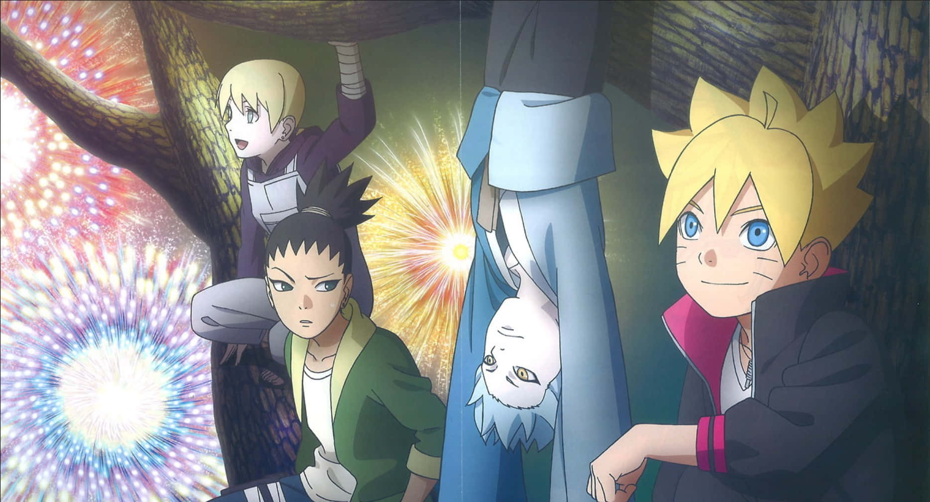 Naruto's Friend 桌布 壁紙 — 四個動漫角色掛在樹枝上，看著身後色彩繽紛的煙火在燦爛爆發。