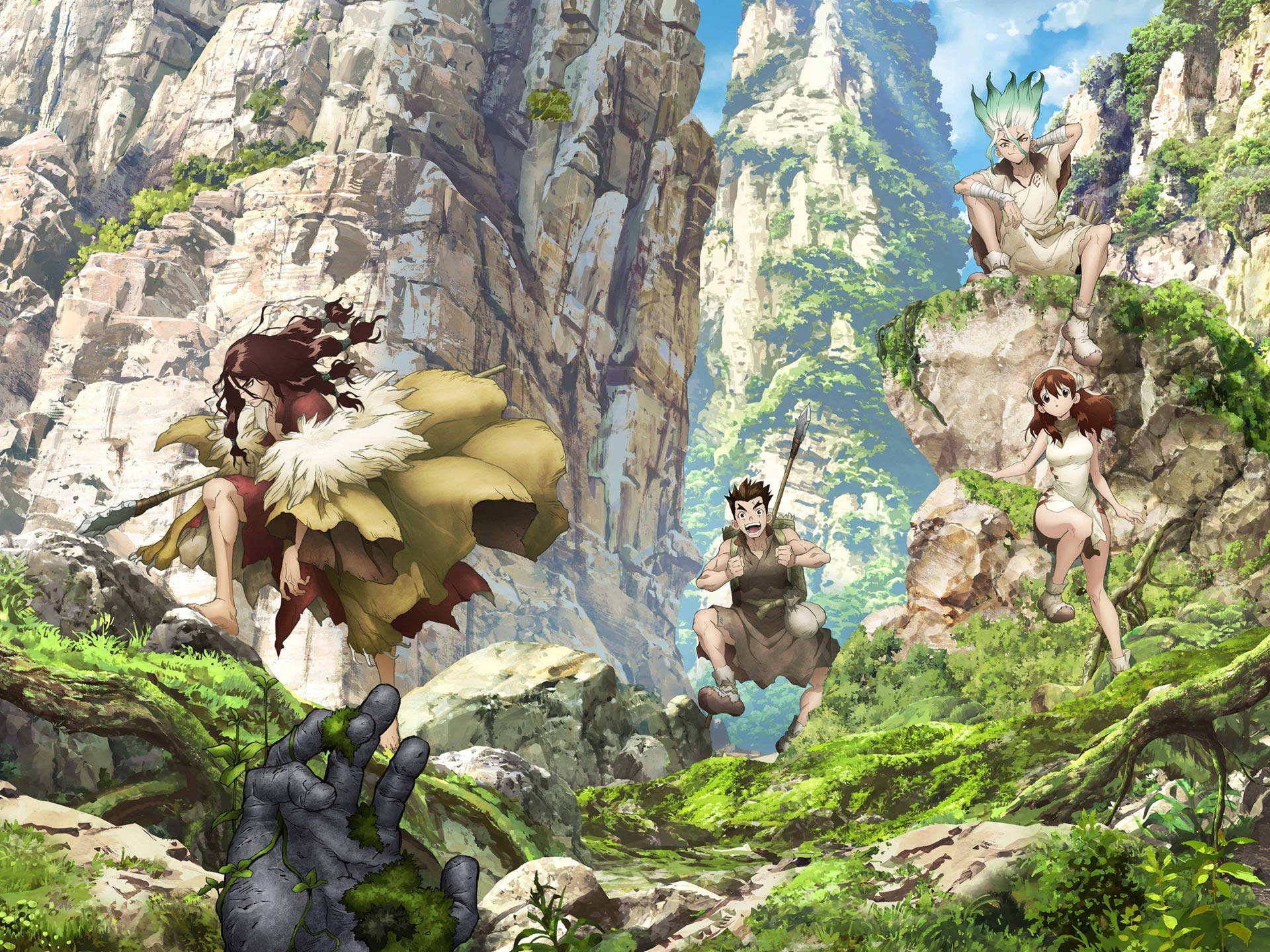 Dr.STONE 新石紀 桌布 壁紙 — 四個動漫角色探索一個鬱鬱蔥蔥的綠色峽谷，有高聳的懸崖和從前景中出現的巨型石手。