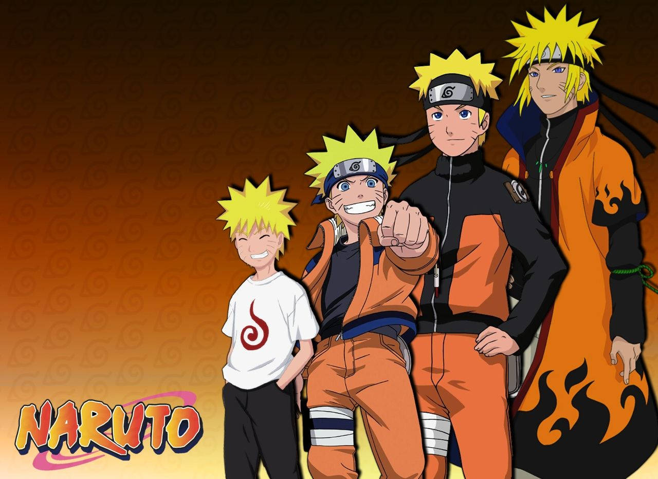四個動漫忍者角色擁有尖刺金髮，穿著橙色和黑色服裝。 — 酷 naruto 壁紙