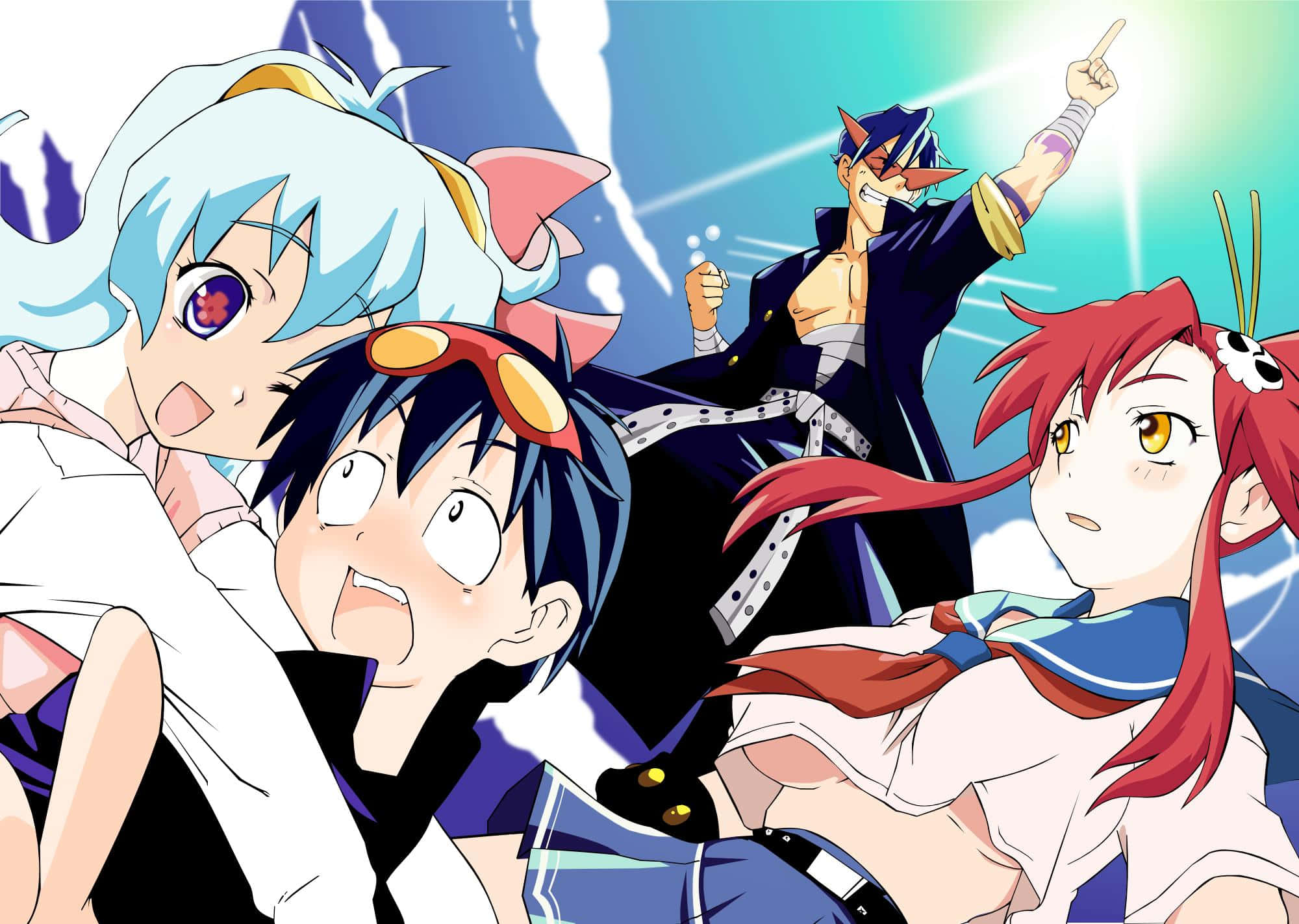 Gurren Lagann 桌布 壁紙 — 四個動漫角色擁有鮮豔的頭髮和富有表情的臉龐，在發光的藍色和綠色背景前動態地擺姿勢。