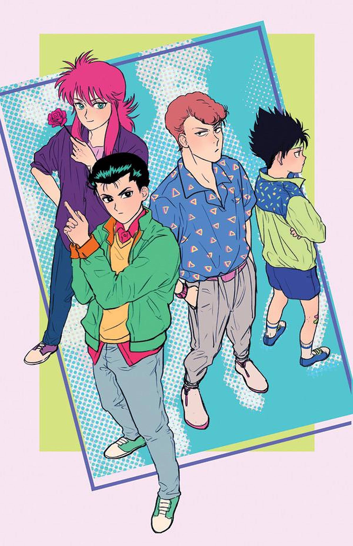 yuyu hakusho 桌布 壁紙 — 四個動漫角色穿著80年代時尚，在網點背景前自信地擺出姿勢，色彩大膽，角度動感。