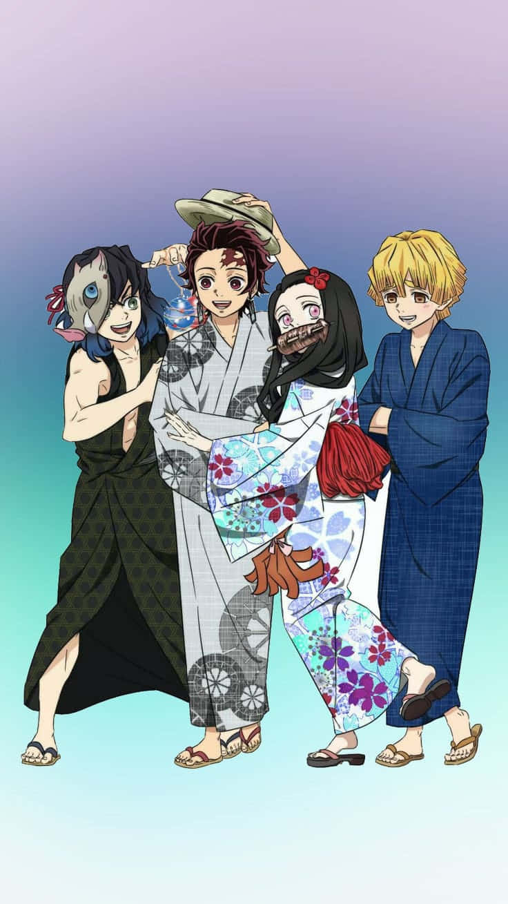鬼滅之刃 炭治郎 桌布 壁紙 — 四個動漫角色穿著傳統日本服裝，在柔和的漸變背景前愉快地擺姿勢。
