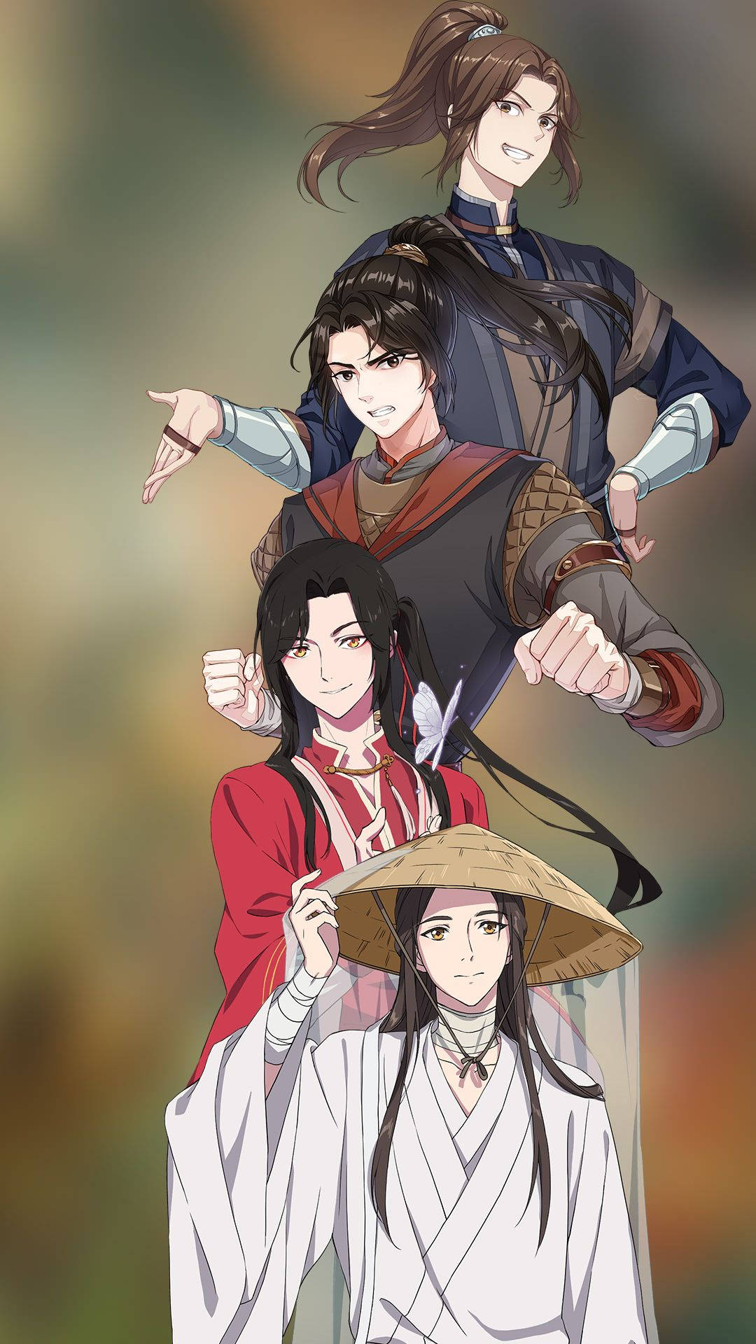 hua cheng 桌布 壁紙 — 四個動漫角色穿著傳統服飾，在柔和模糊的背景前動態擺姿勢。