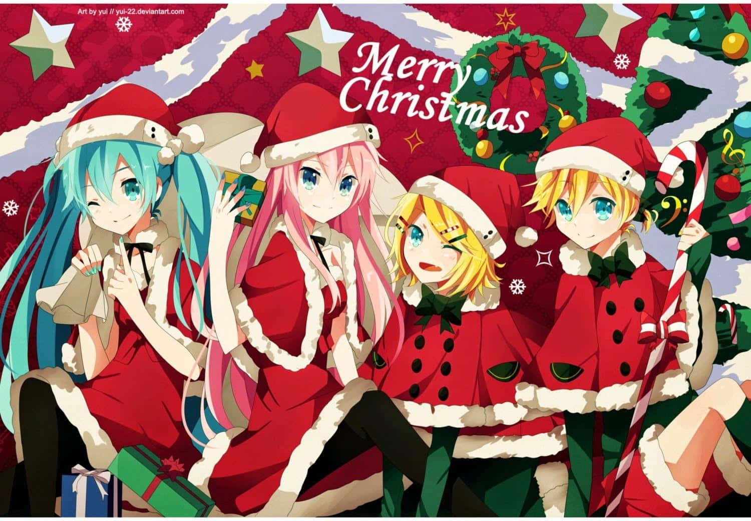 Vocaloid 桌布 壁紙 — 四個動漫角色穿著喜慶的紅色聖誕老人服裝，在裝飾好的聖誕樹和花環旁愉快地擺姿勢。