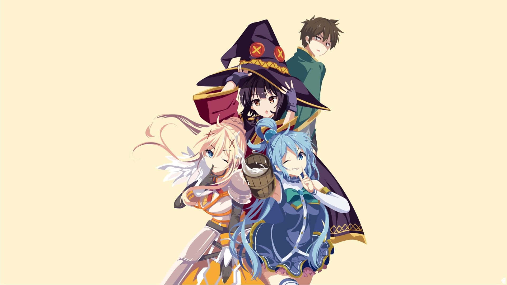 Konosuba God's Blessing On This Wonderful World 桌布 壁紙 — 四個動漫角色穿著奇幻服裝，在純米色背景前愉快地擺姿勢。
