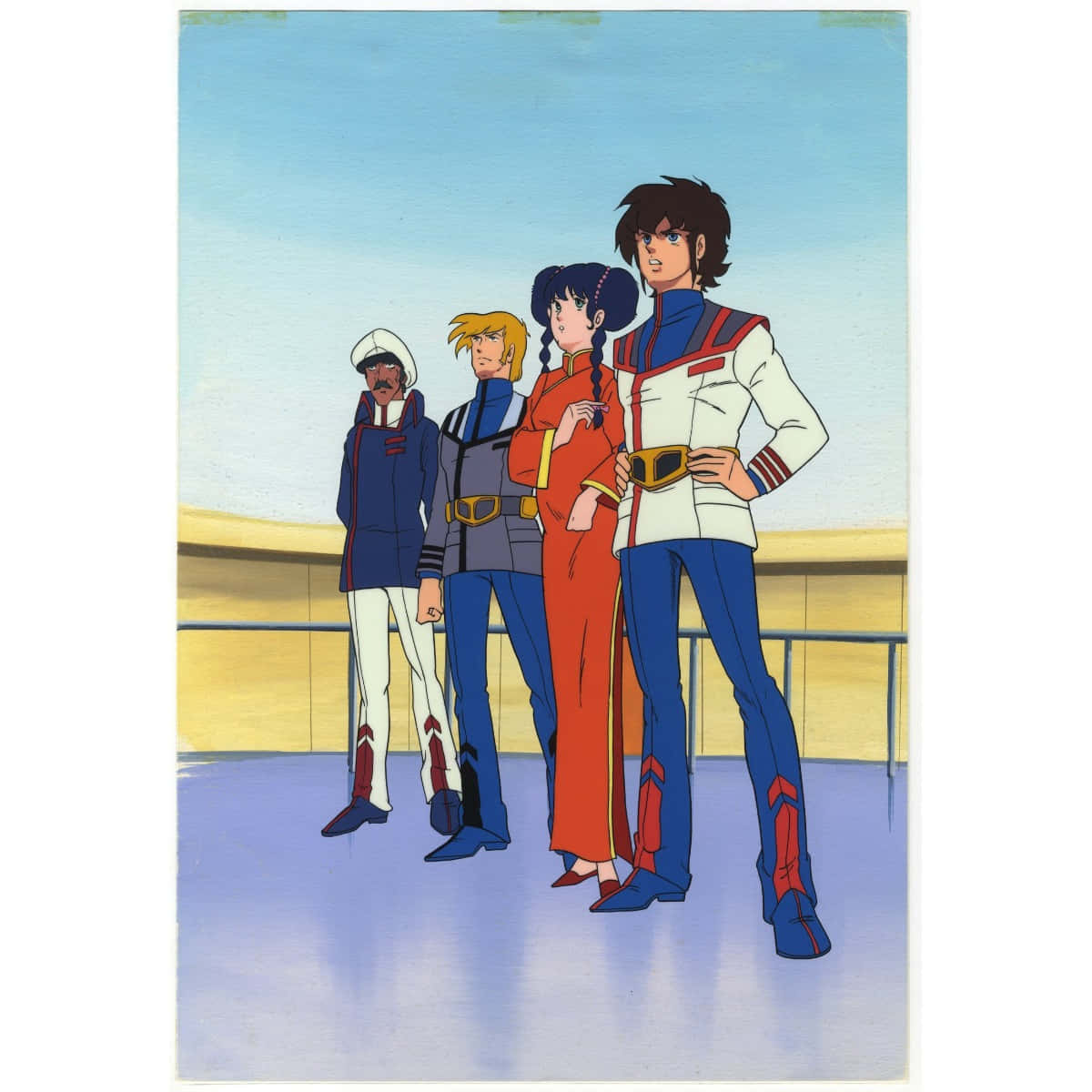 Macross 桌布 壁紙 — 四個動漫角色穿著未來風格制服，自信地站在陽台上，背景是晴朗的藍天。