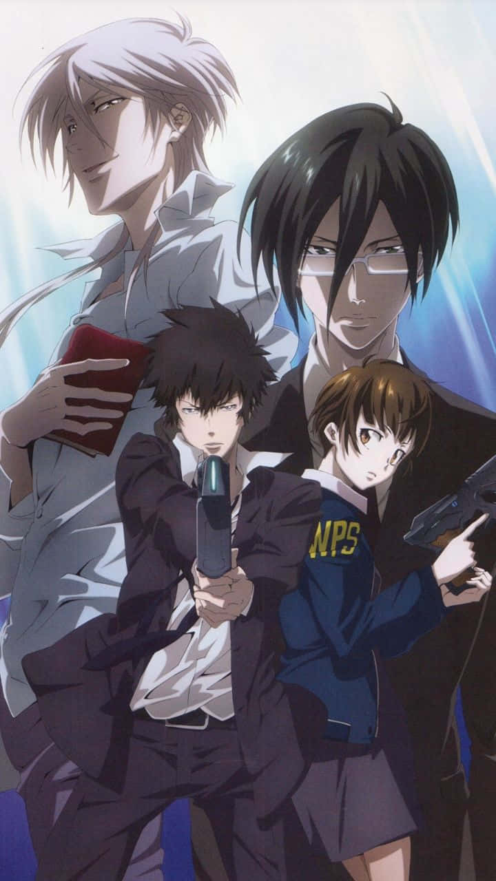 Shinya Kogami 桌布 壁紙 — 四個動漫角色穿著校服，在發光的藍色背景下手持武器。
