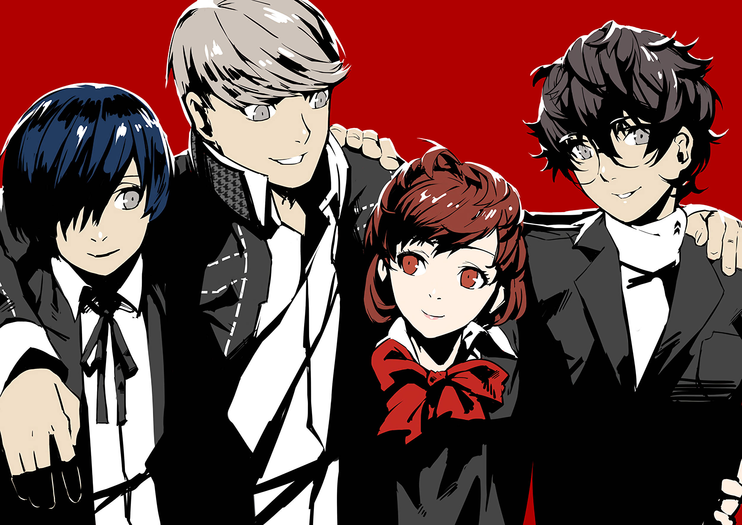 ren amamiya 桌布 壁紙 — 四個動漫角色穿著正式服裝，在鮮紅色背景前自信地擺姿勢。