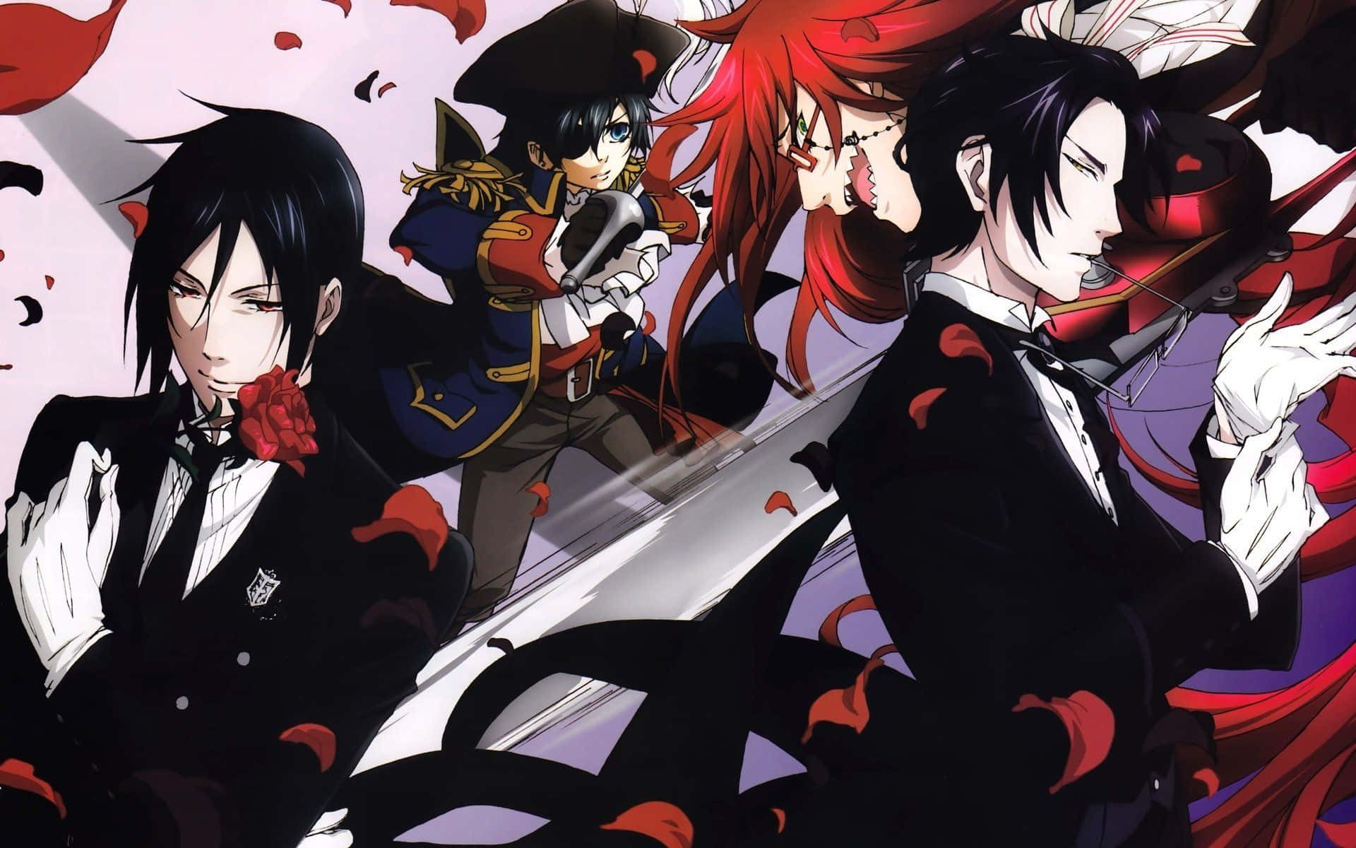 Black Butler 桌布 壁紙 — 四個動漫角色穿著正式黑色服裝，手持紅玫瑰，在旋轉的紅紫背景下擺出戲劇性姿勢。
