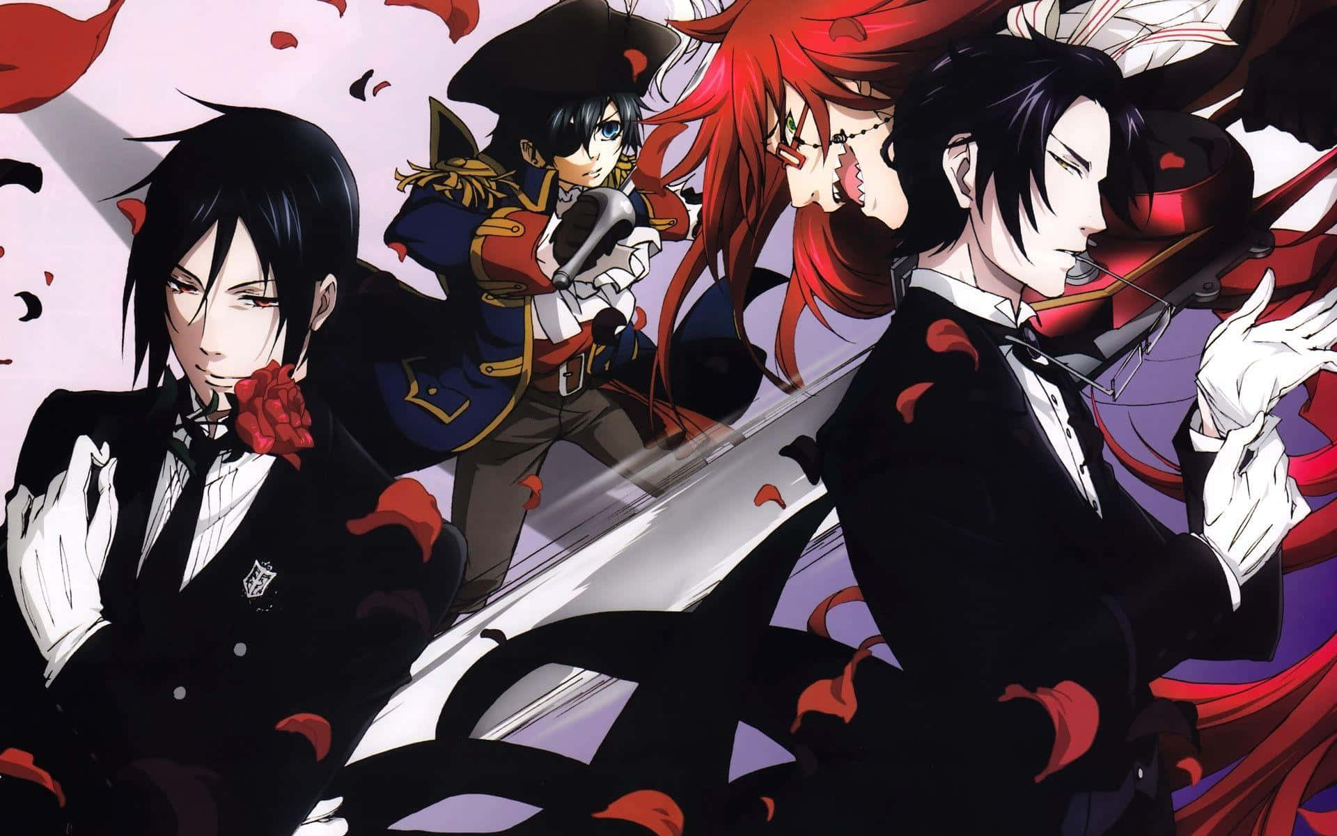 Black Butler 桌布 壁紙 — 四個動漫角色穿著正式黑色服裝，手持紅玫瑰，在旋轉的紅紫背景前擺出戲劇性姿勢。