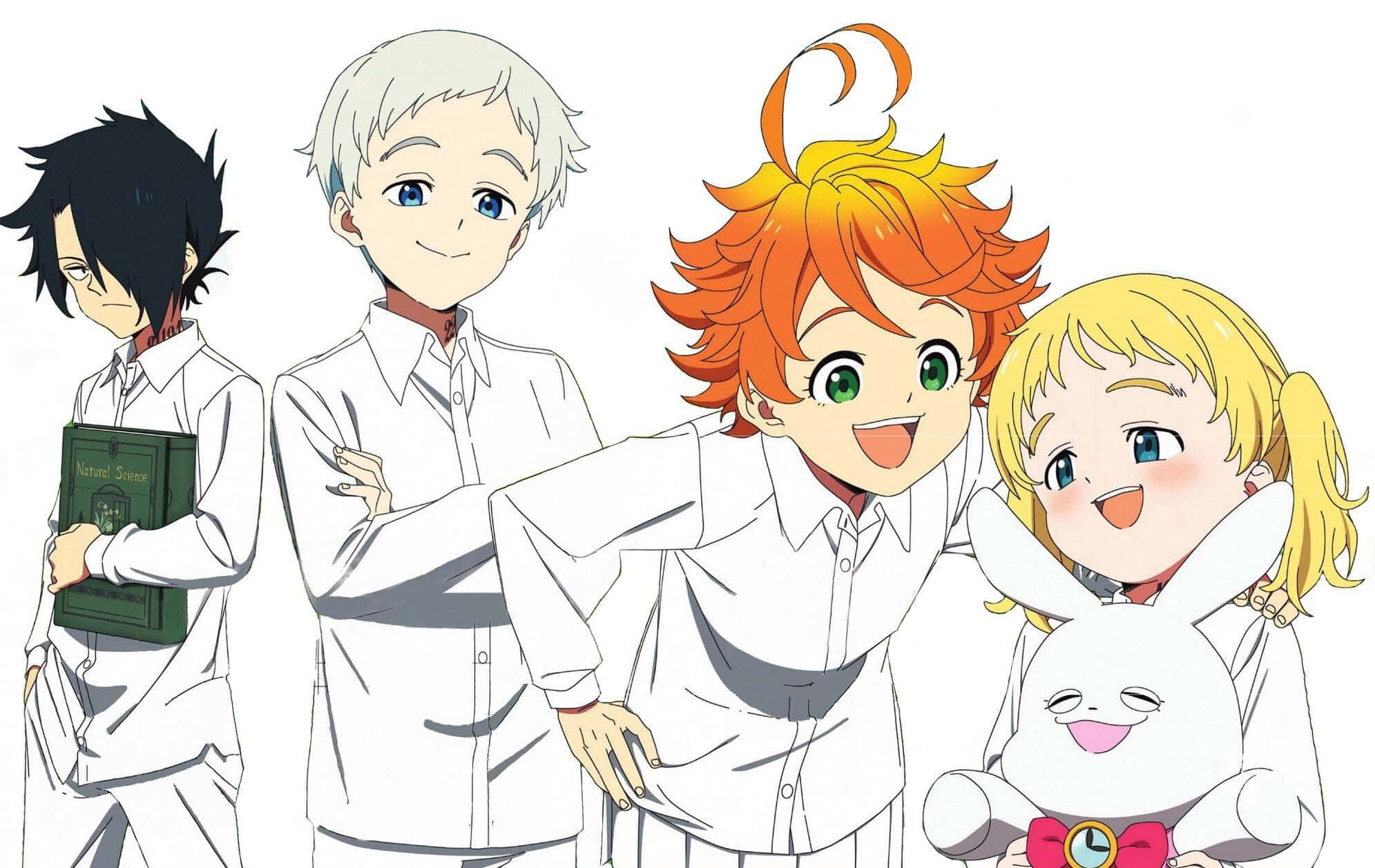 The Promised Neverland Ray 桌布 壁紙 — 四個動漫角色穿著白襯衫，在純白背景前開心地擺姿勢，其中一個拿著書，另一個拿著兔子玩偶。