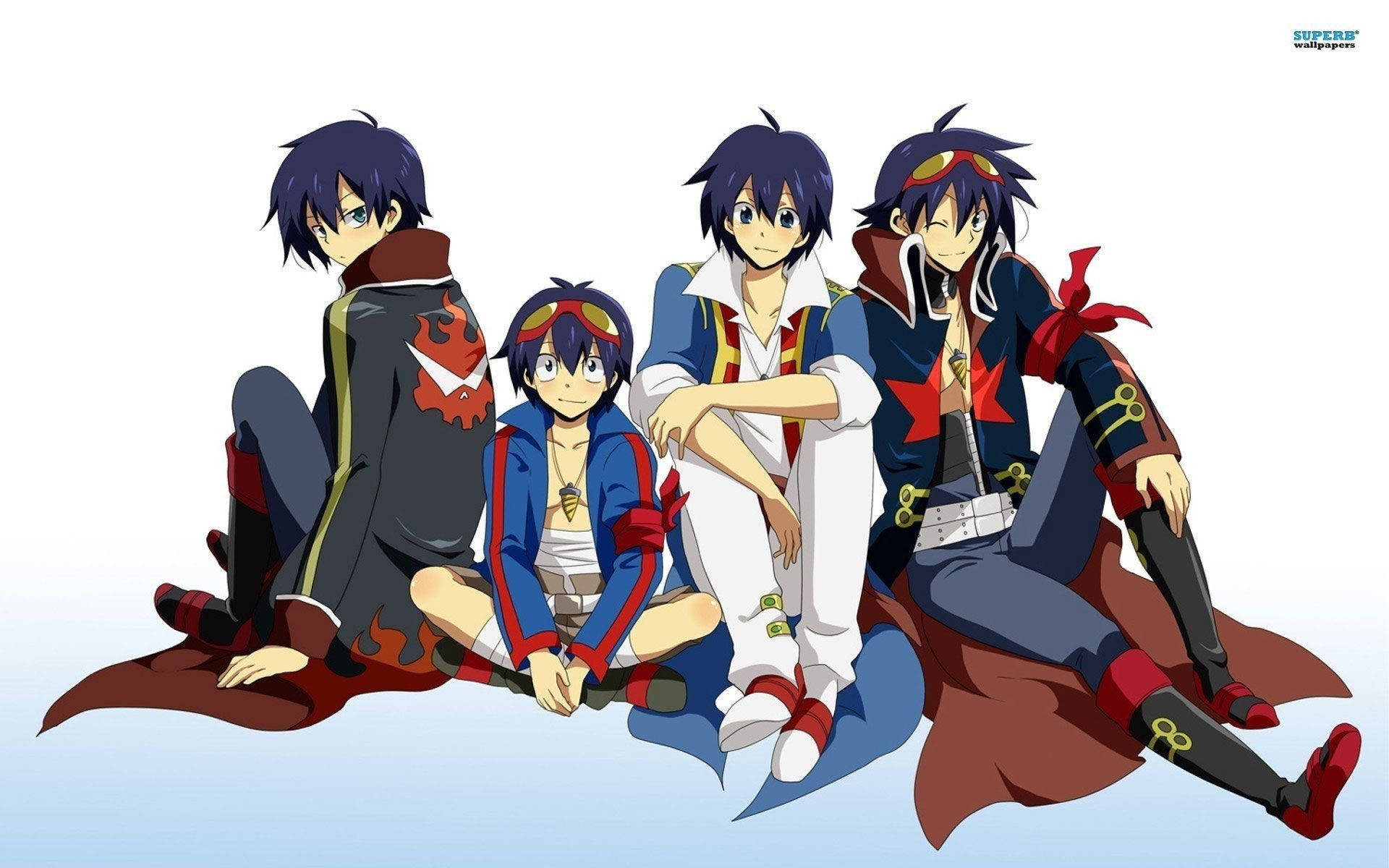 Gurren Lagann 桌布 壁紙 — 四個動漫角色穿著紅、藍、黑色服裝，輕鬆地坐在淺藍色漸變背景上。
