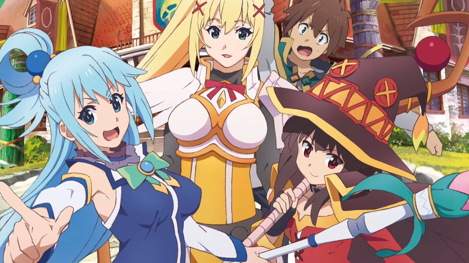 Konosuba 桌布 壁紙 — 四個動漫角色穿著色彩繽紛的奇幻服裝，在充滿活力的村莊場景中愉快地擺姿勢。