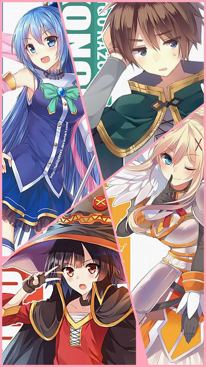 Konosuba 桌布 壁紙 — 四個動漫角色穿著色彩繽紛的奇幻服裝，在粉紅色幾何背景前動態擺姿勢。
