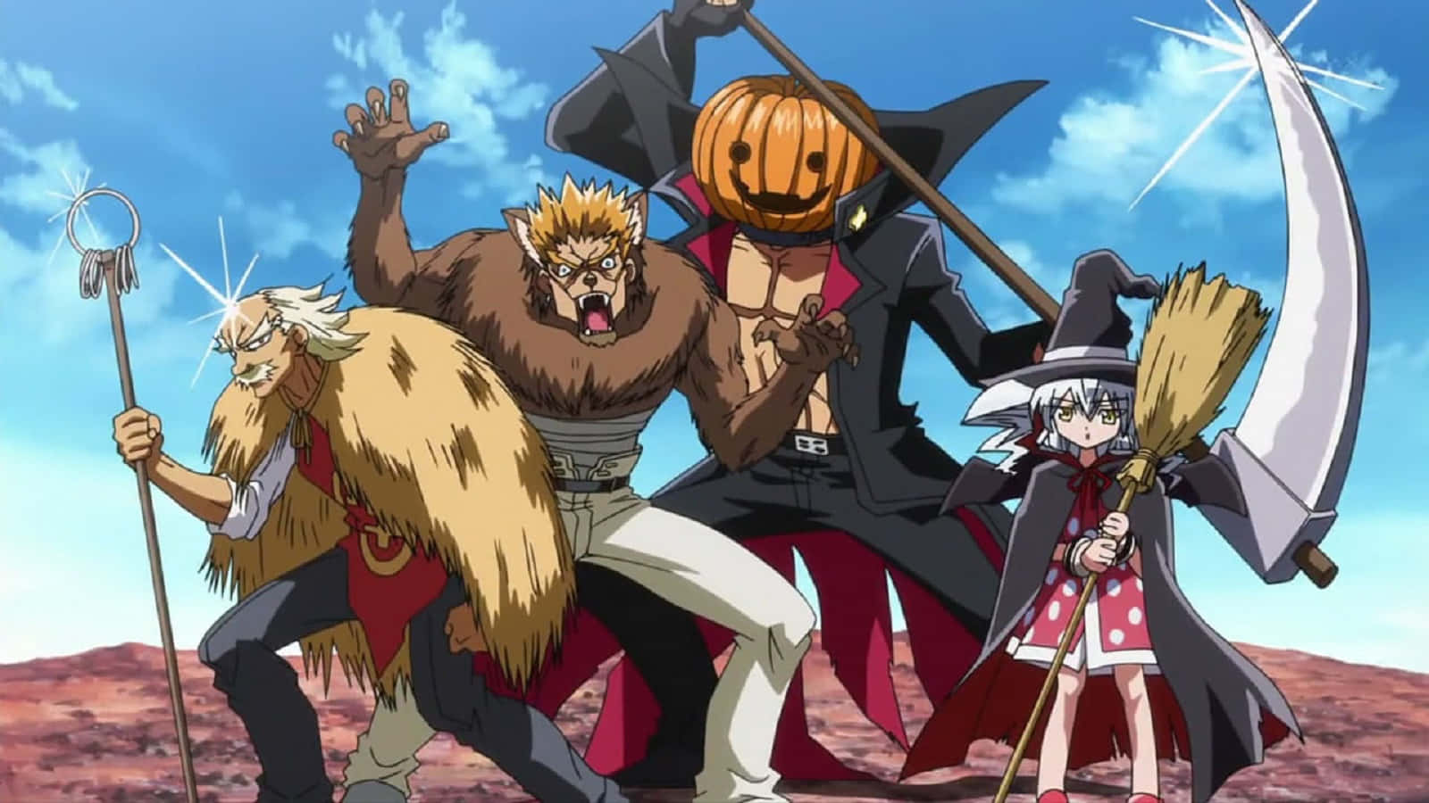 Werewolf Costumes 桌布 壁紙 — 四個動漫角色穿著萬聖節服裝，在藍天白雲下動感擺姿勢。