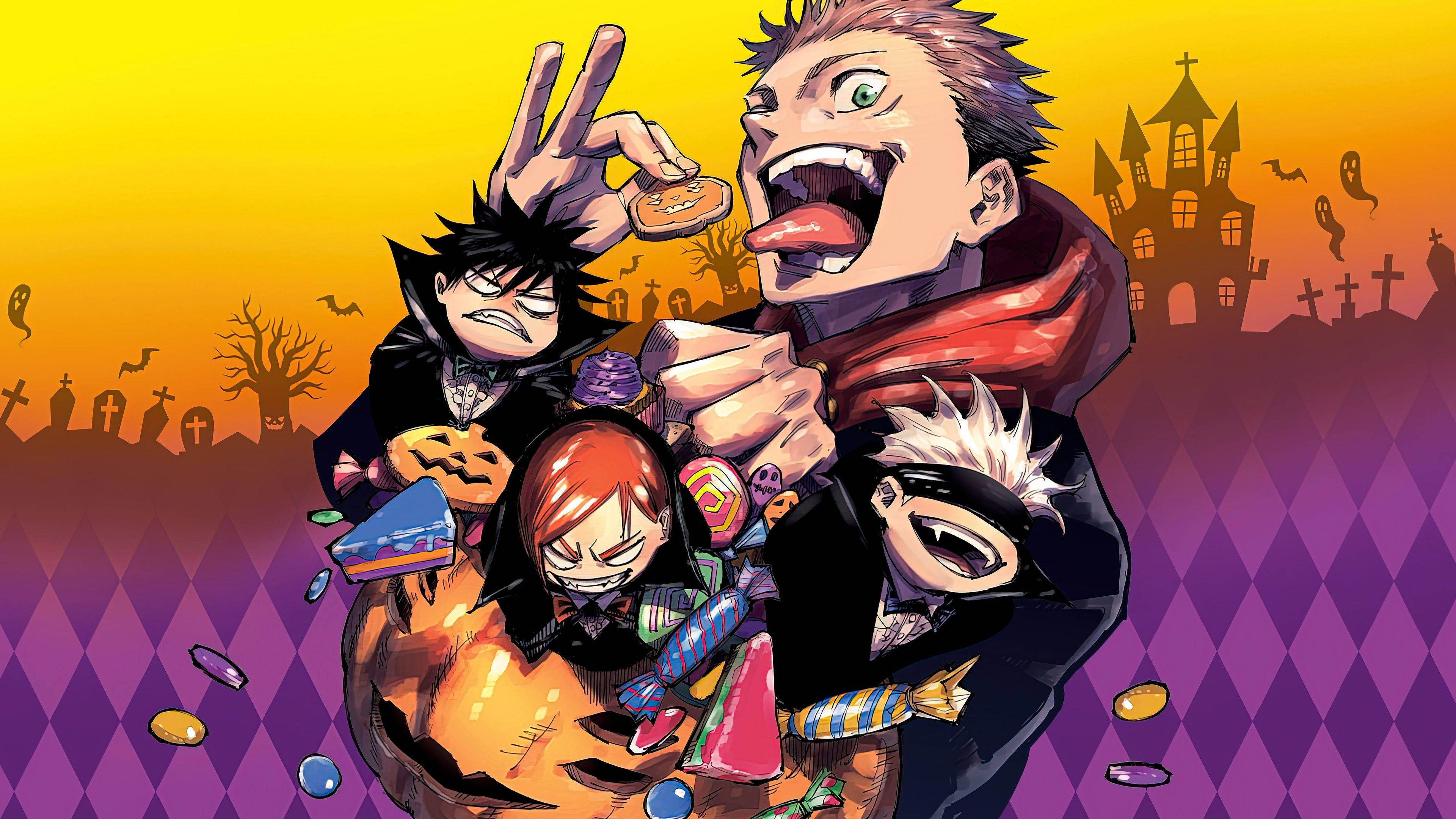 Jujutsu Kaisen Desktop 桌布 壁紙 — 四個動漫角色穿著萬聖節服裝，在陰森的日落背景和鬼屋前歡樂地享用糖果。
