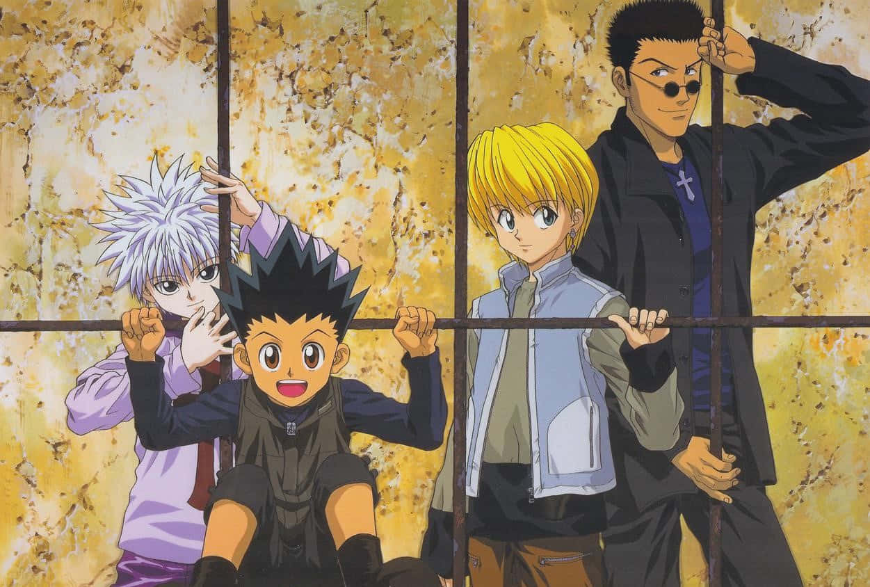 Shonen Anime 桌布 壁紙 — 四個動漫角色穿過監獄鐵欄杆，靠著紋理金牆，表情堅定。