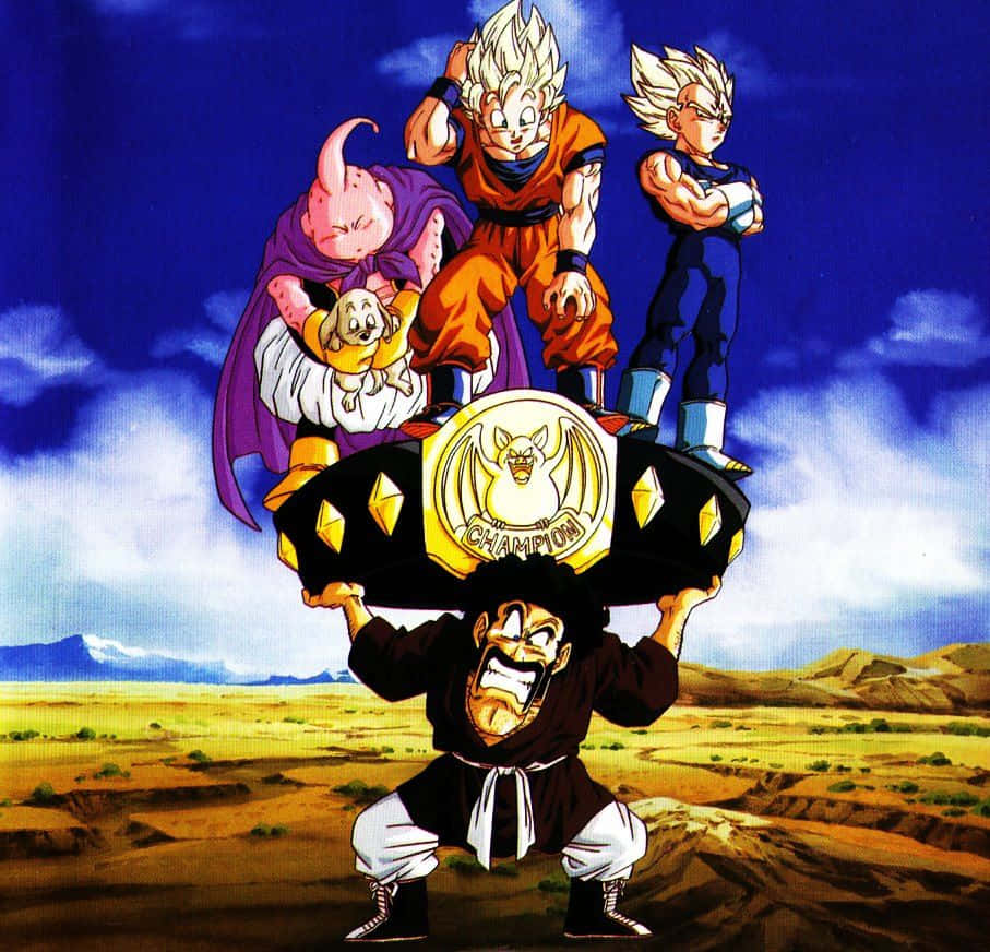 Hercule Satan 桌布 壁紙 — 四個動漫角色站在一個肌肉男在藍天下沙漠中舉起的巨大冠軍腰帶上。