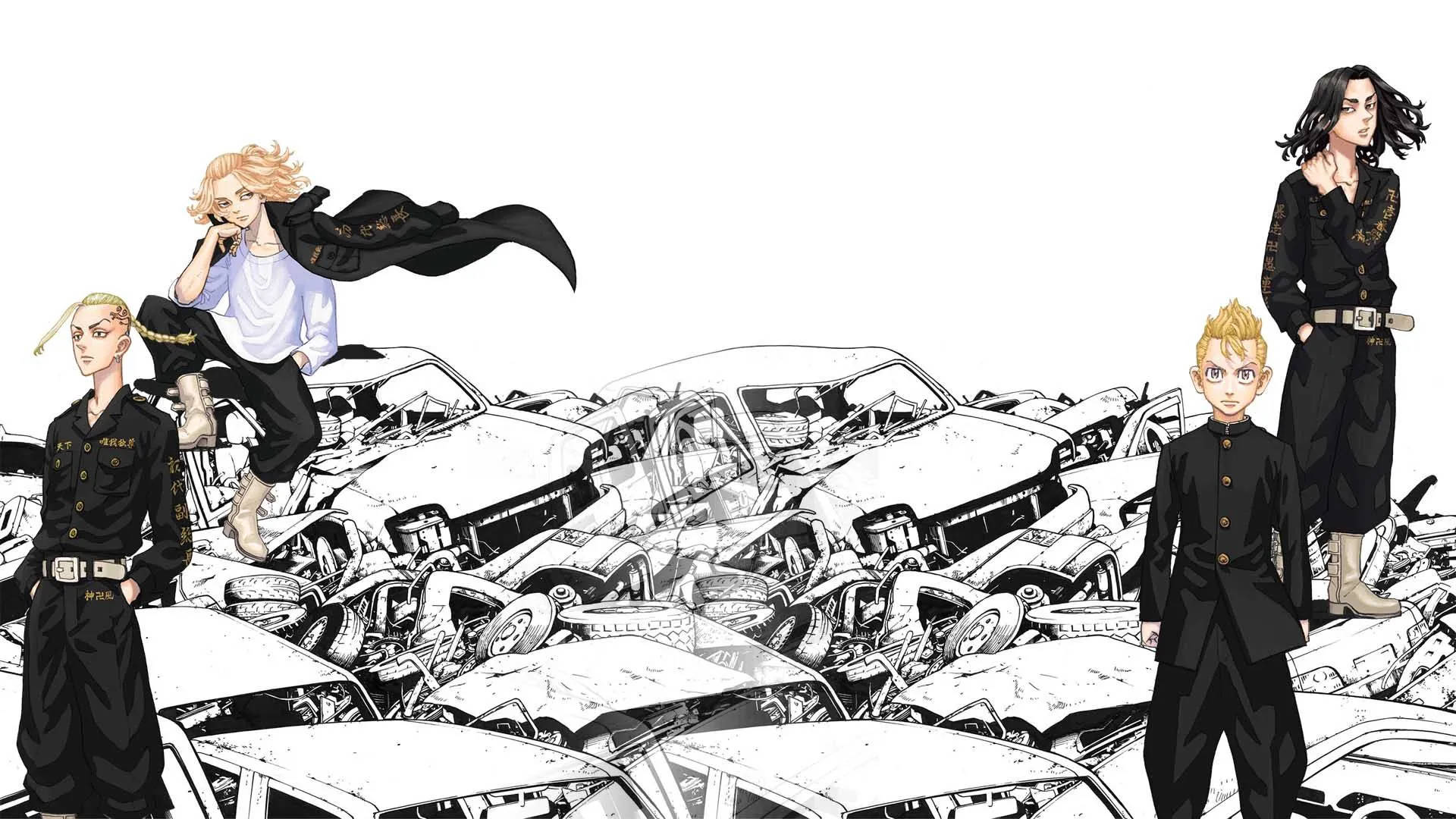 izana kurokawa 桌布 壁紙 — 四個動漫角色站在一堆壓碎的汽車上，一幅鮮明的黑白插圖。