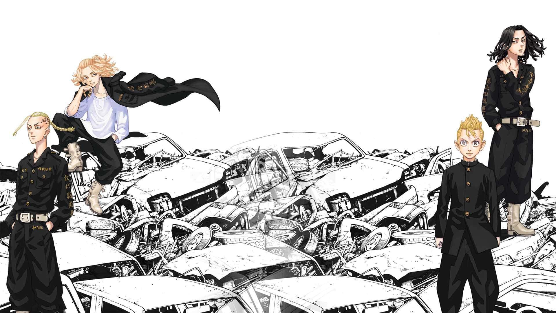 東京卍复仇者 桌布 壁紙 — 四個動漫角色站在一堆混亂的 crushed cars 中，黑白插圖。