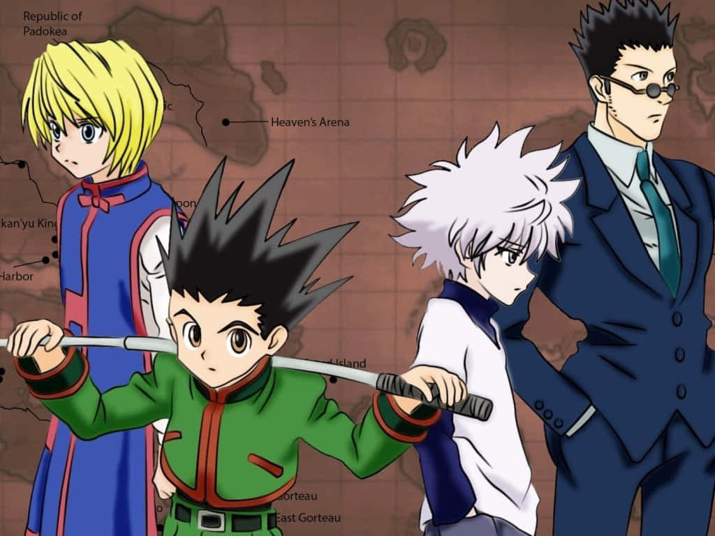 Shonen Anime 桌布 壁紙 — 四個動漫角色站在一張標有天堂競技場和帕多基亞共和國等地點的地圖前。