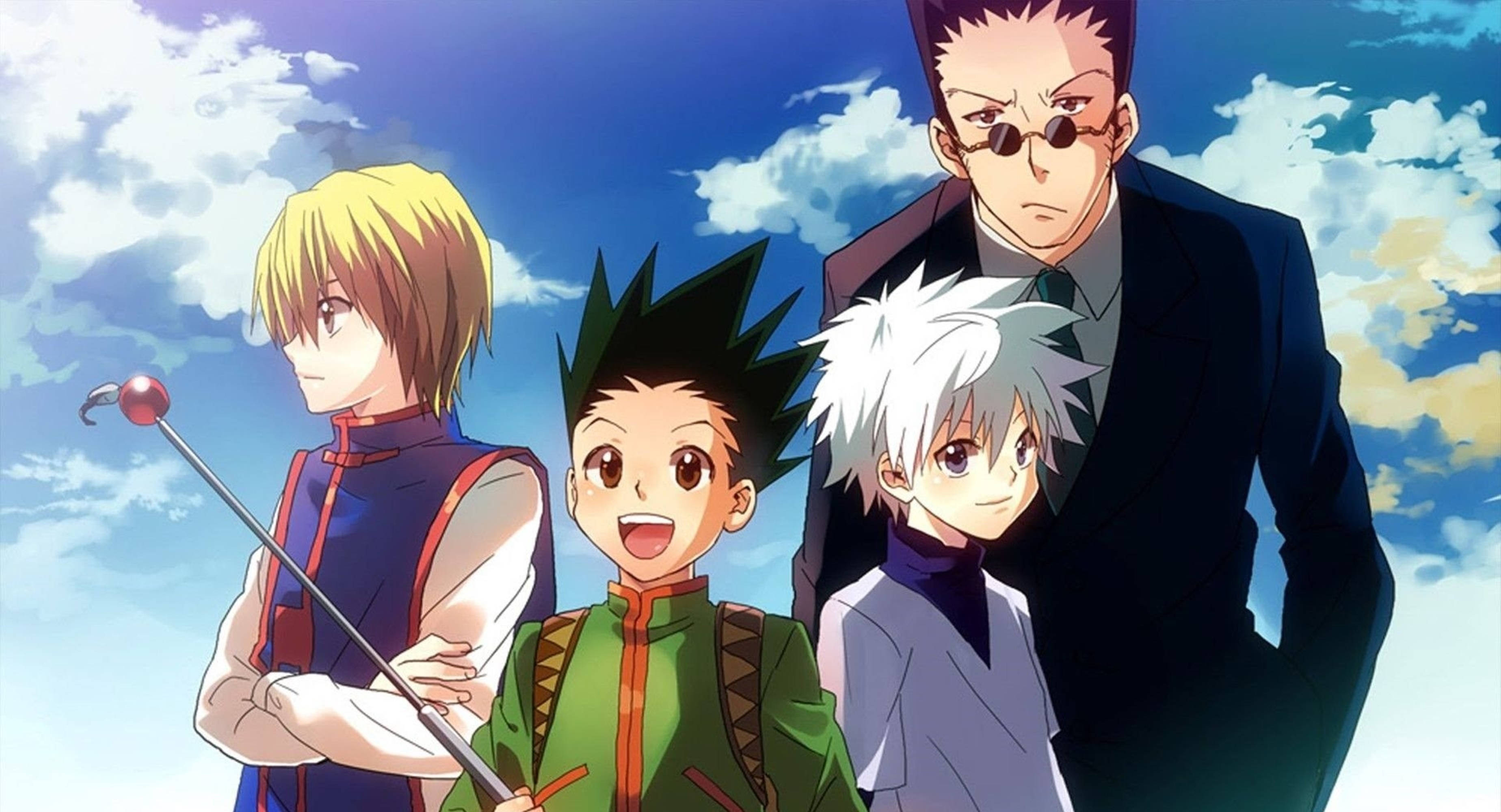 Hunter X Hunter 4K 桌布 壁紙 — 四個動漫角色站在一起，背景是明亮的藍天和蓬鬆的白雲。